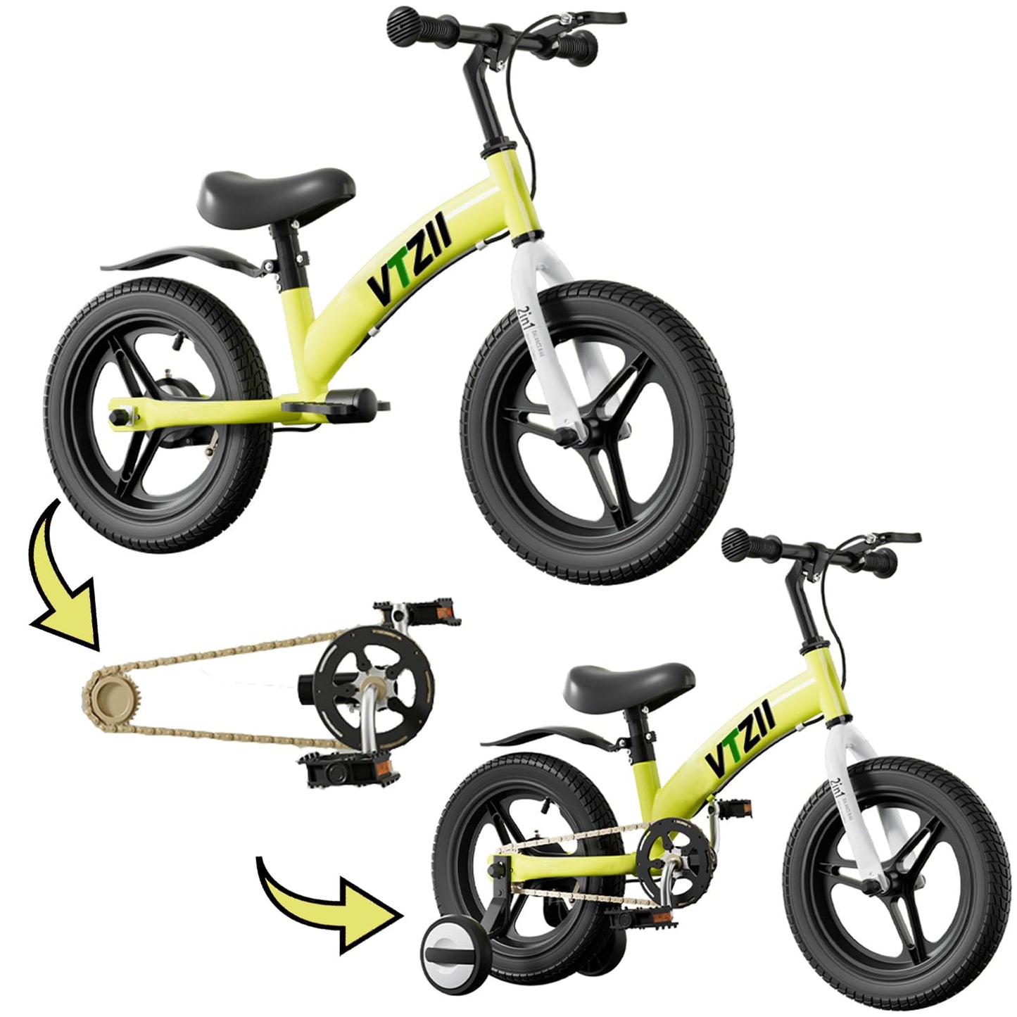 VTZII Balance Bike 2 in 1 with Pedals Brake Training Wheels Kickstand Pneumatic tyre,for Kids 2-7 Years Old,Kids Bike 12 14 16 inch (12 inch, Green)