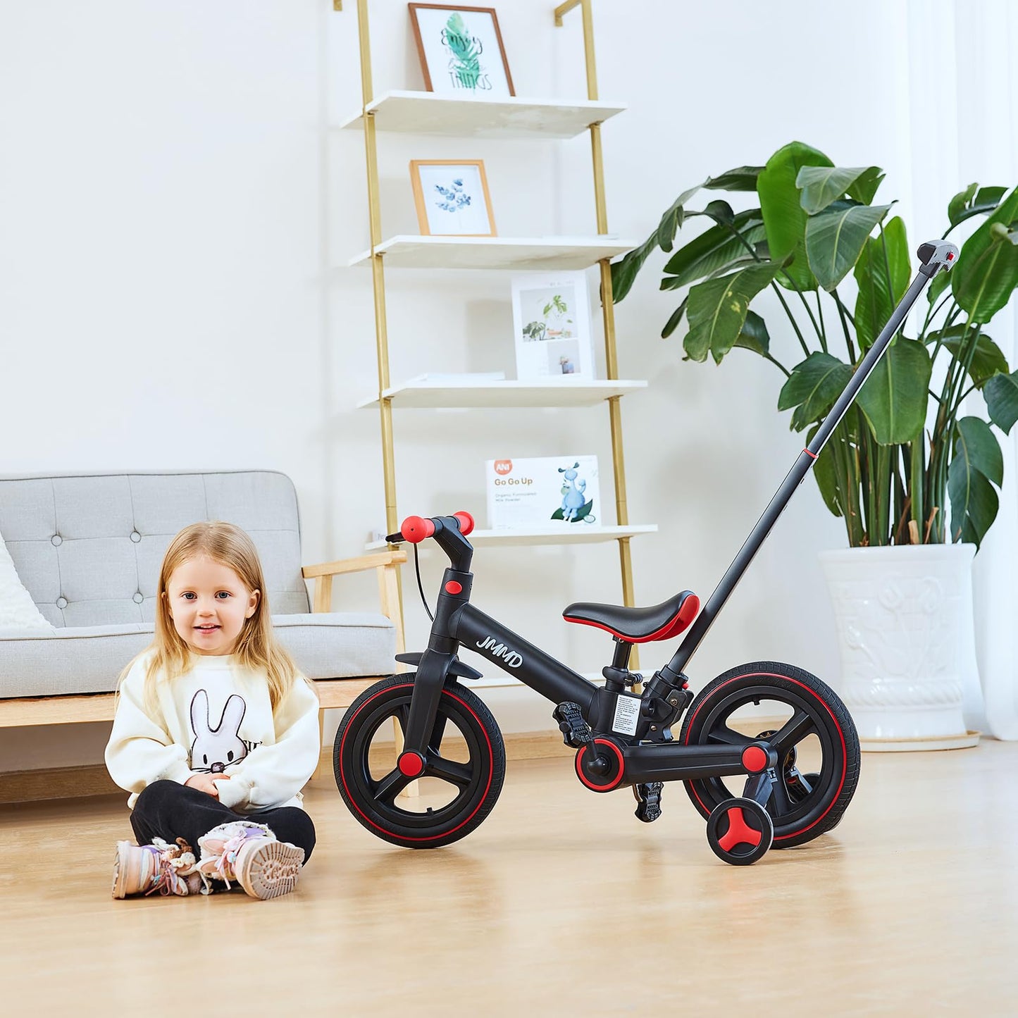 JMMD Toddler Bike with Push Handle for Kids 1-3 Years, 6 in 1 Push Bike with Training Wheels & Pedals, Balance Bike for Boys and Girls with Brakes & Kickstand, Black