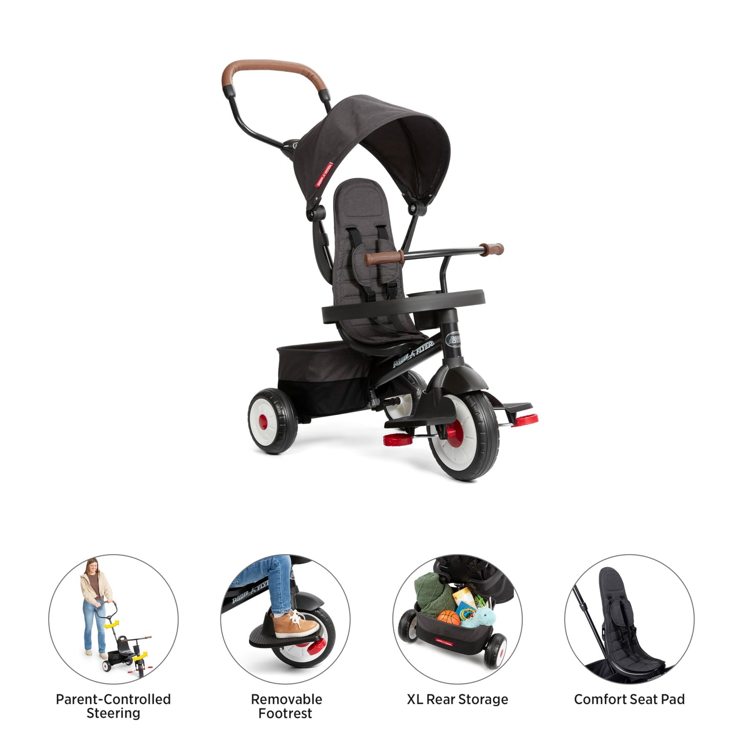 Radio Flyer Premium Stroll 'N Trike, Black Baby Trike for Ages 1-5 Years, Premium Baby Tricycle