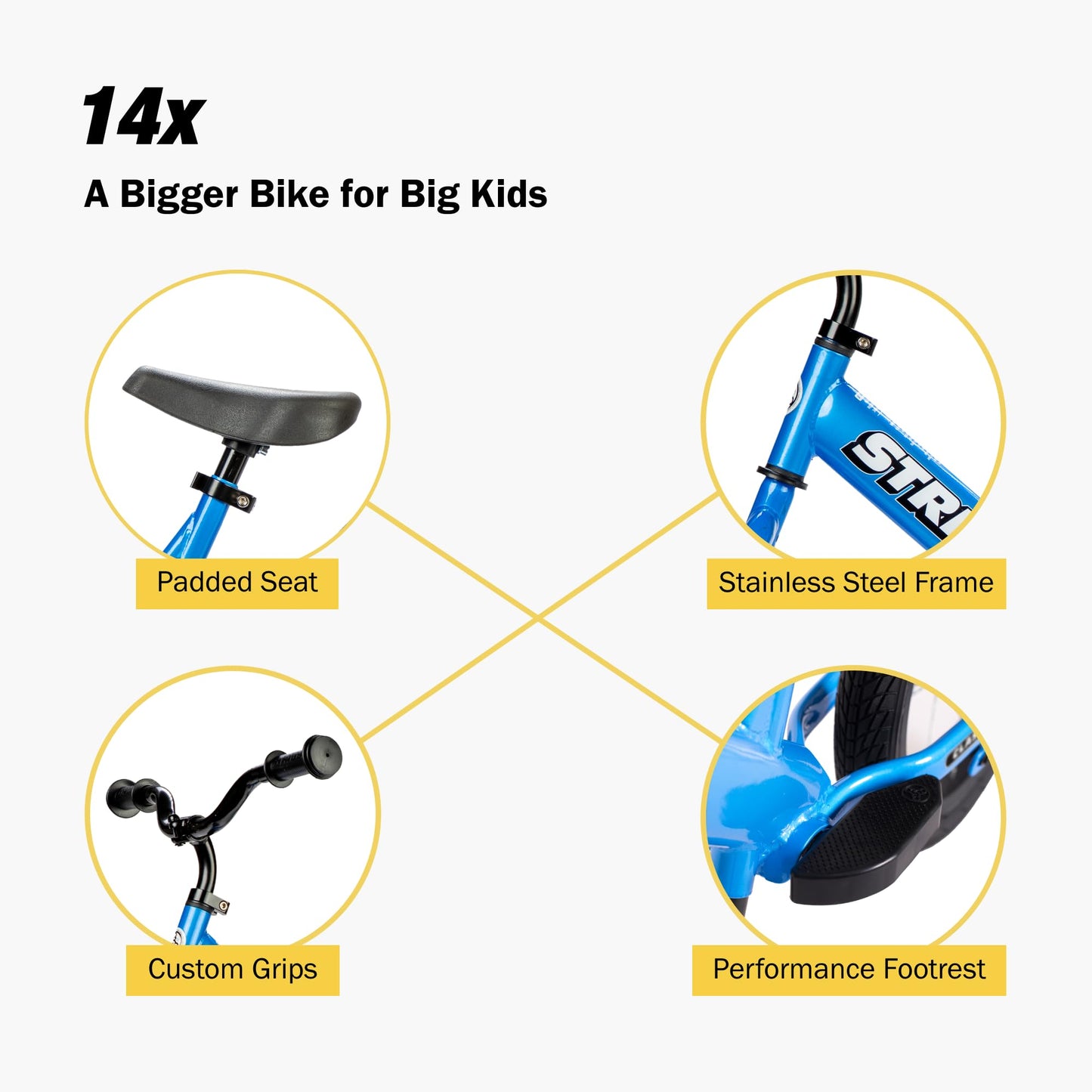 Strider 14x, Awesome Blue - Balance Bike for Kids 3 to 6 Years - Includes Kid-Size Grips, Padded Seat, Performance Footrest & All-Purpose Tires - Easy Assembly & Adjustments