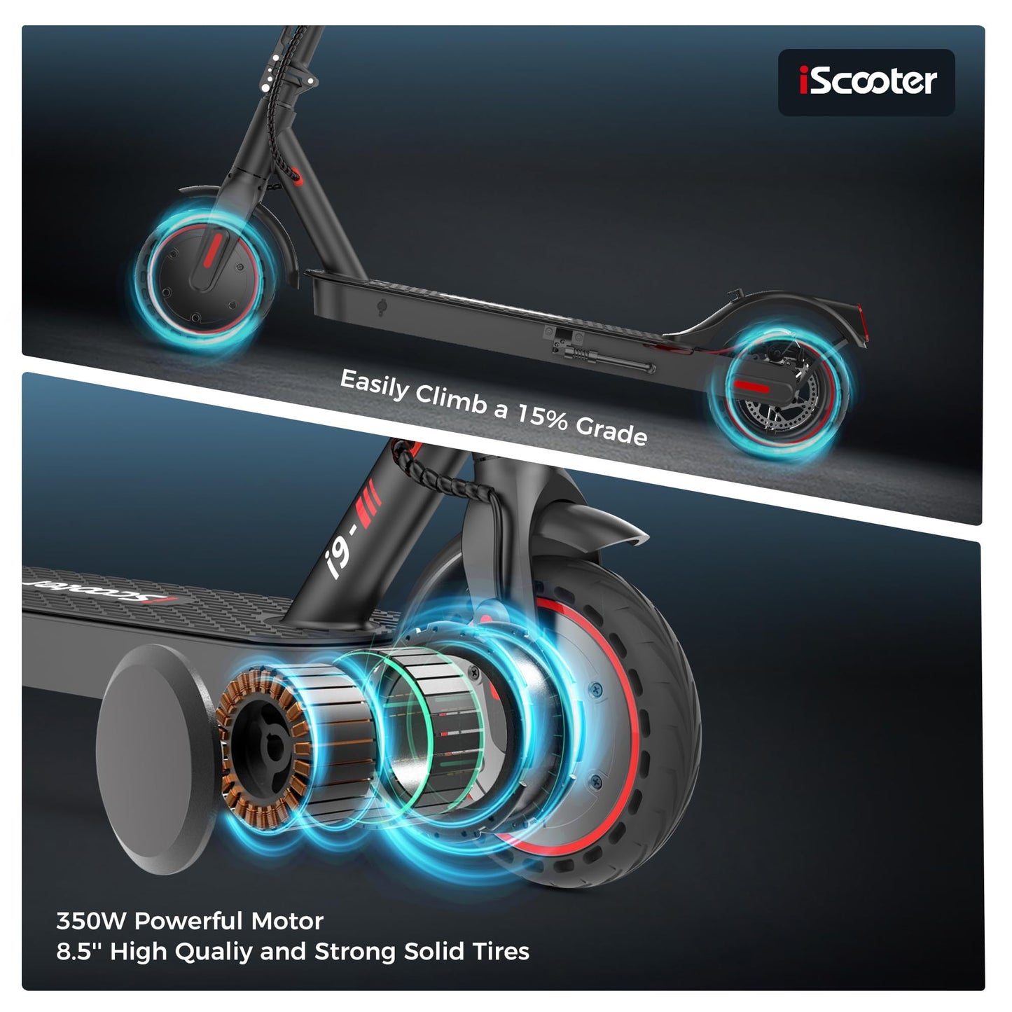 IScooter Electric Scooter, i9 Electric Scooter Adults, 8.5”Solid Tires, 30km Range, 3 Speed Mode, Foldable Electric Scooters with APP, Double Braking System for Adults and Teens