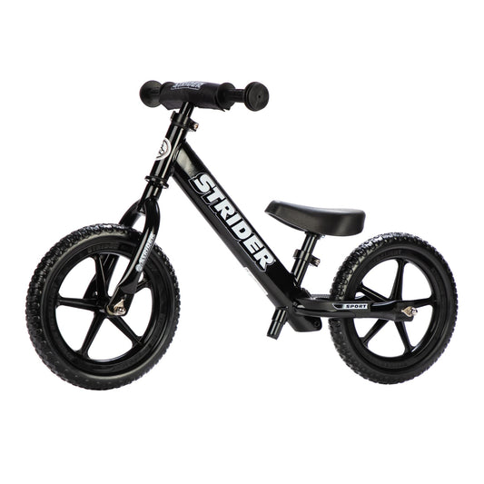 Strider 12” Sport Bike, Black - No Pedal Balance Bicycle for Kids 1 to 4 Years - Includes Safety Pad, Padded Seat, Mini Grips & Flat-Free Tires - Tool-Free Assembly & Adjustments