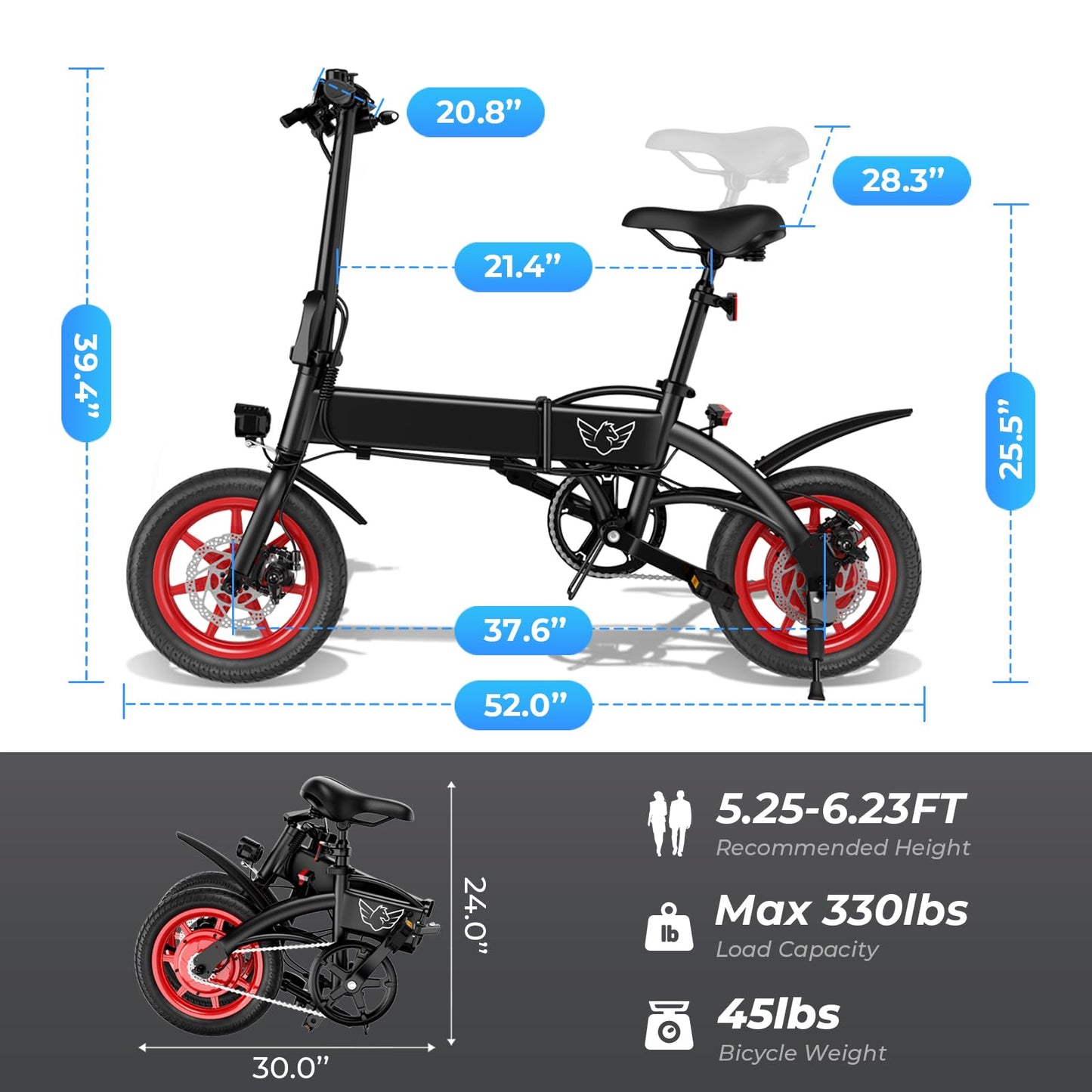 14" Folding Electric Bike for Adults, Foldable Ebike 15.5 MPH, 31 Miles Range, 630W Peak Brushless Motor with 30° Uphill, Adjustable Seat, Lightweight Electric Bicycle for Ages 12+ 330LBS Load