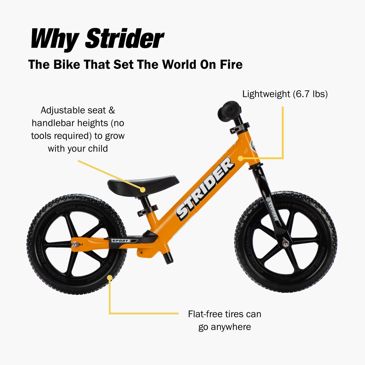 Strider 12” Sport Bike, Orange - No Pedal Balance Bicycle for Kids 1 to 4 Years - Includes Safety Pad, Padded Seat, Mini Grips & Flat-Free Tires - Tool-Free Assembly & Adjustments