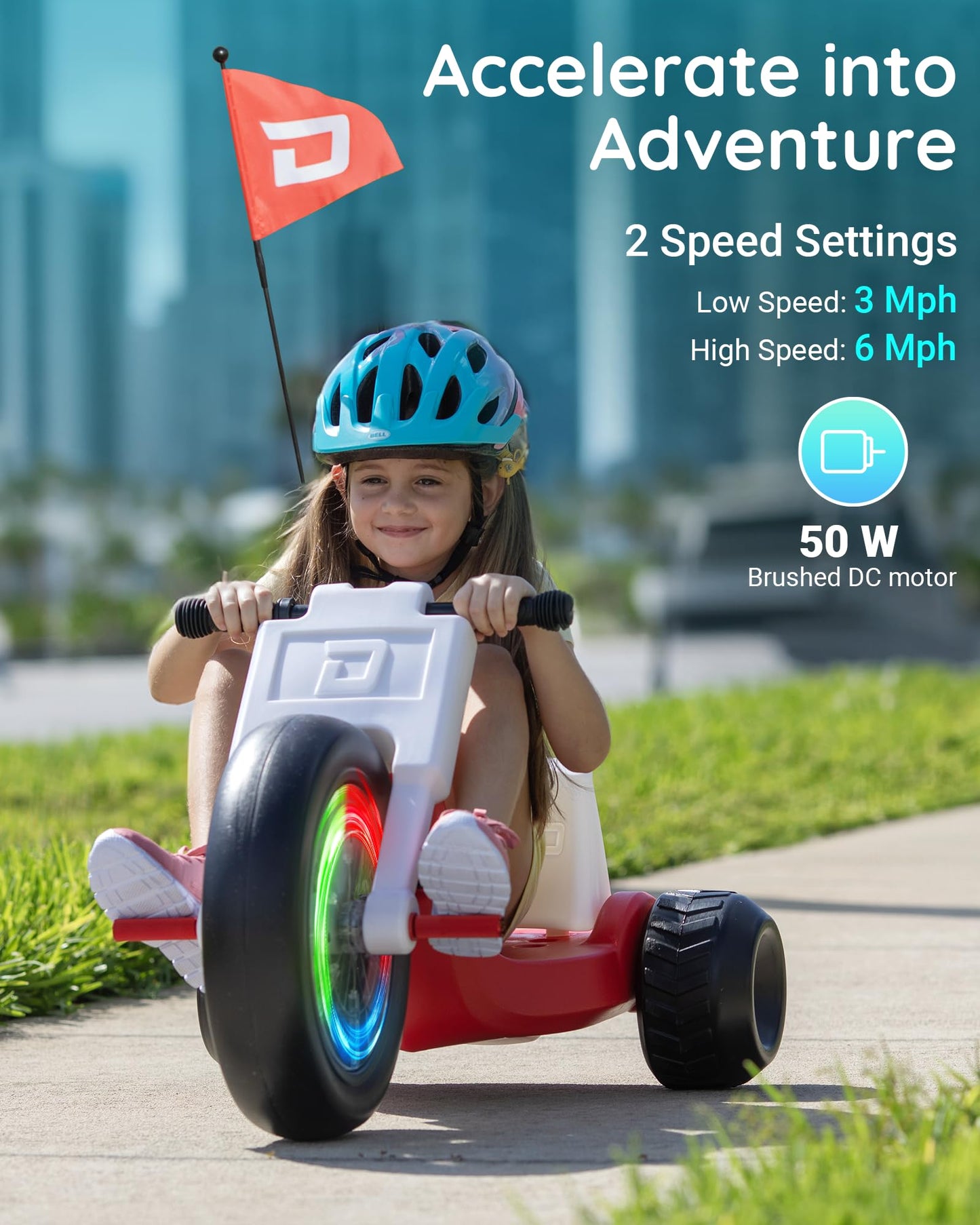 Droyd Romper Electric Tricycle for Kids 3+ Years, 24V Gifts Toys 3-6 MPH Max Speed & 45 Mins Max Long Lasting, Parental Speed Control Safe Trikes with Adjustable Seat & LED Lights for Boys and Girls