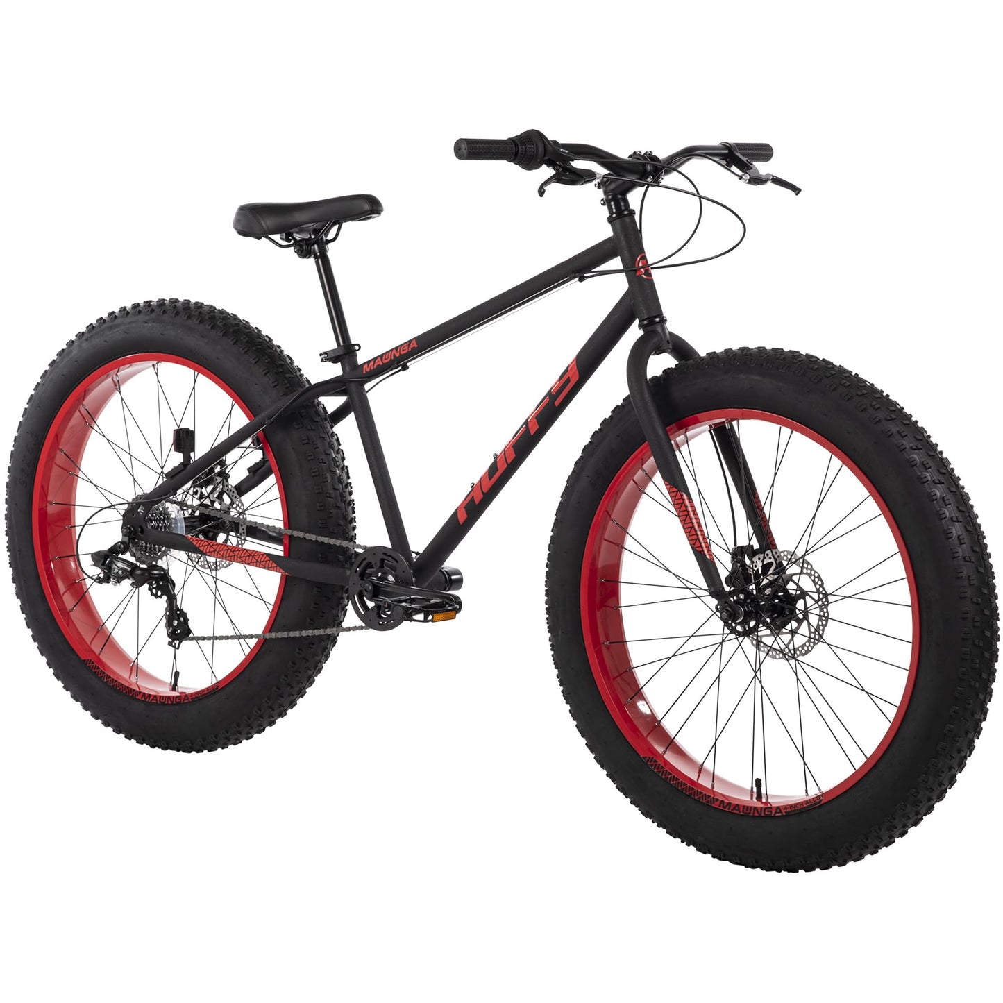 Huffy Maunga Mens Fat Tire Bike, 4-Inch Knobby Tires, Off-Road Mountain Bike, Dual Disc Brakes, Steel Frame, 7-Speed Shimano Twist Shifting