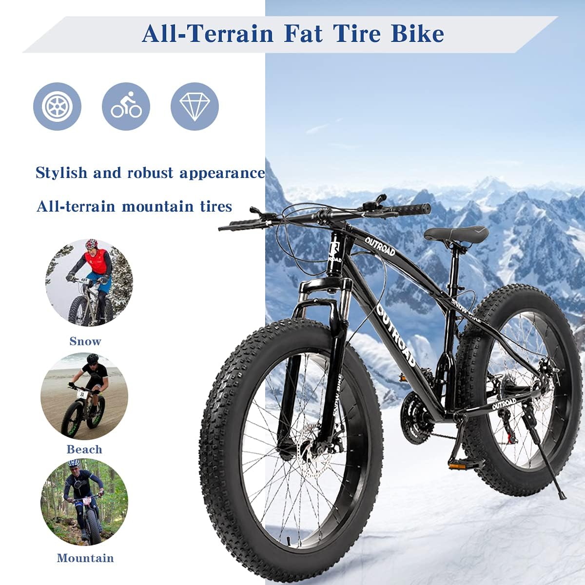 Outroad Fat Tire Mountain Bike with 26 inch Wheels, 21 Speed with High Carbon Steel Frame, Double Disc Brake and Front Suspension Anti-Slip Bikes