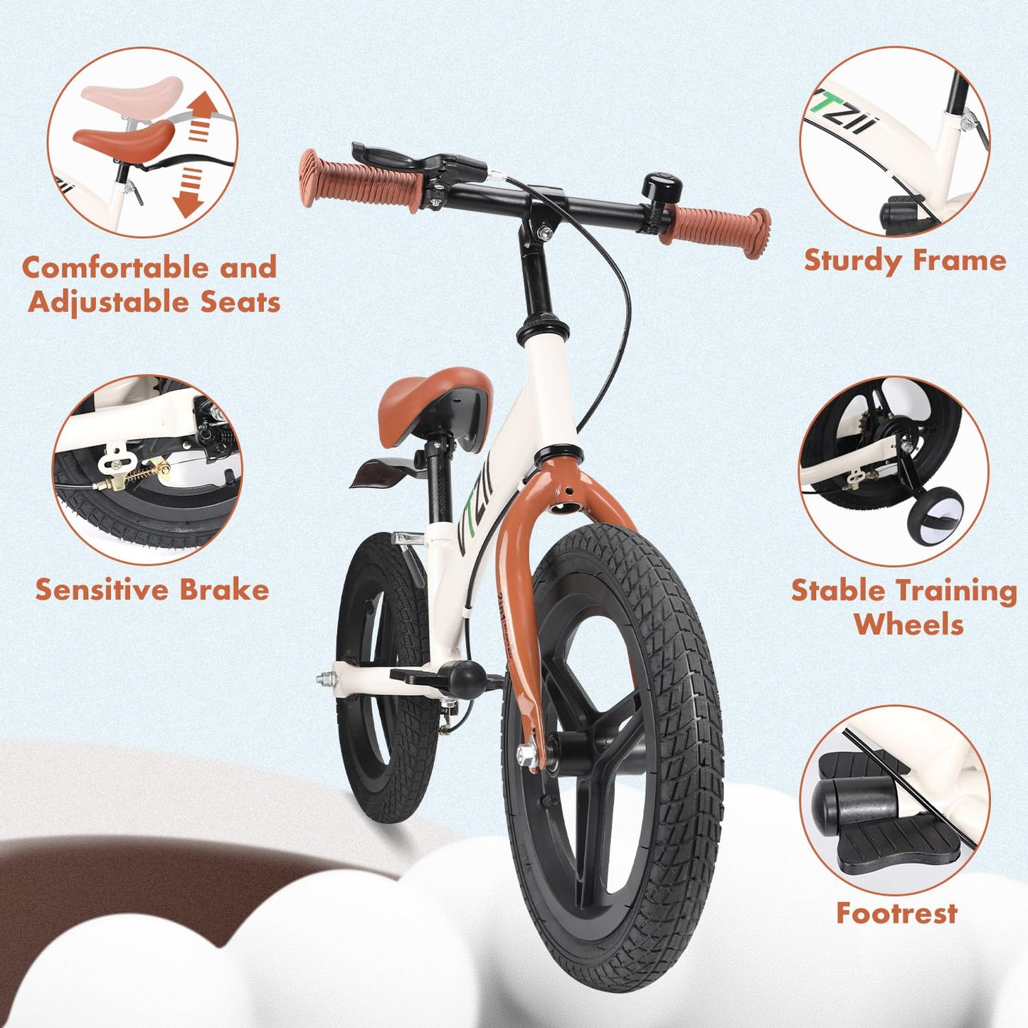 VTZII Balance Bike 2 in 1 with Pedals Brake Training Wheels Kickstand Pneumatic tyre,for Kids 2-7 Years Old,Kids Bike 12 14 16 inch (White, 14 inch)