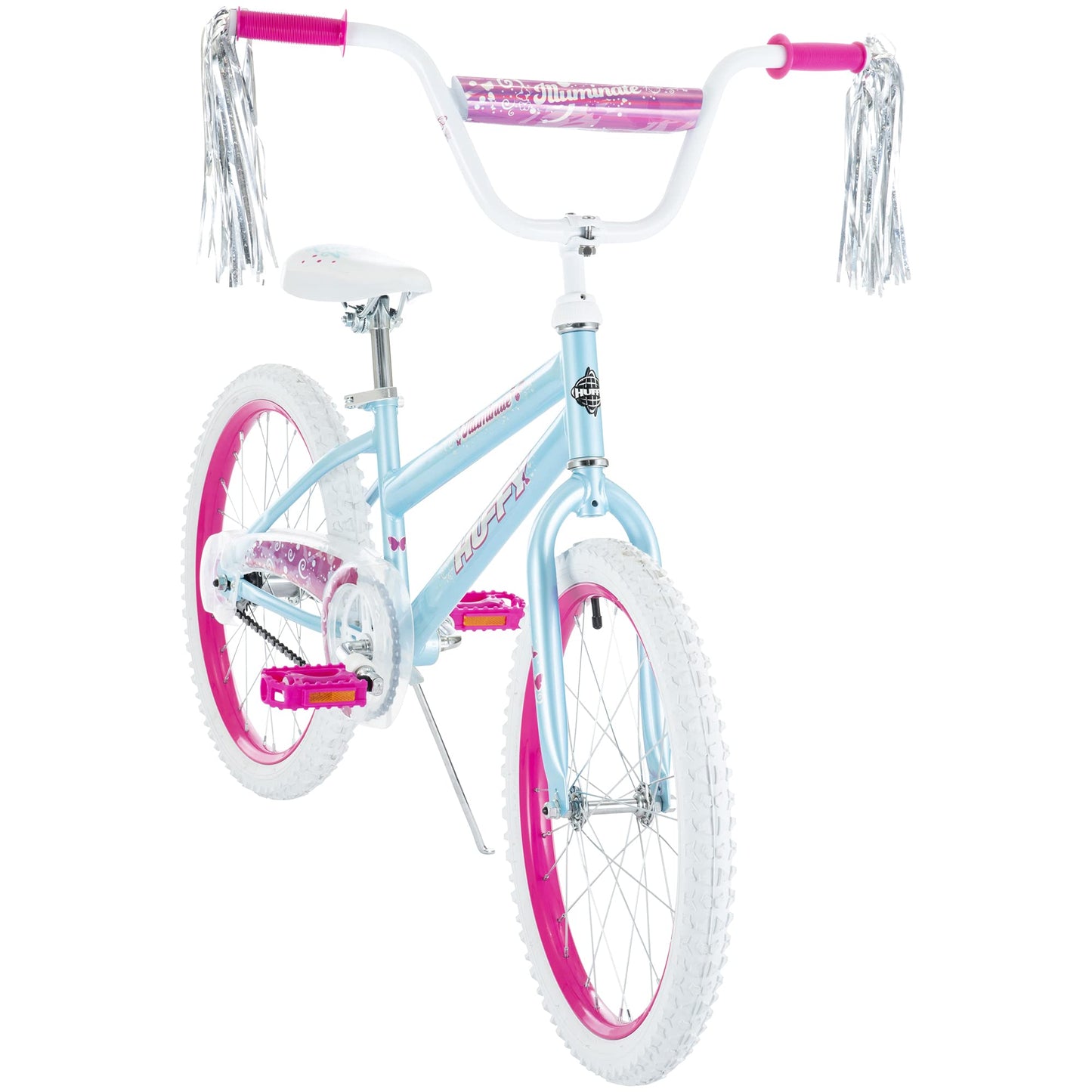 Huffy Illuminate 20” Girl’s Bike, Sky Blue Frame with Butterfly Graphics, Kickstand Included, Streamers and Chain Guard, White Tires and Pink Rims