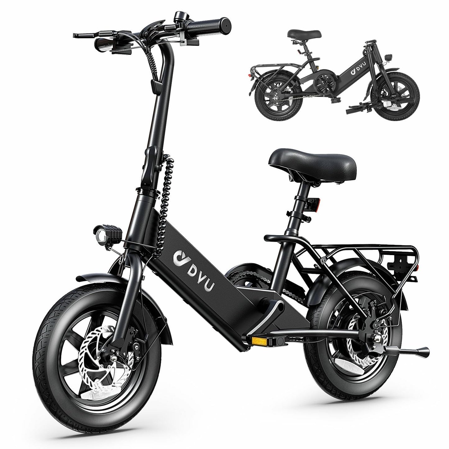 DYU Electric Bike for Adults Teens, Folding Electric Bicycle,Commuter City E-Bike with 350W Motor and 36V 7.5Ah Battery,3 Levels Assist, Dual Disc Brakes,14" Foldable ebike with Pedals