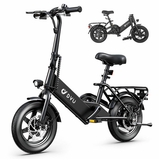 DYU Electric Bike for Adults Teens, Folding Electric Bicycle,Commuter City E-Bike with 350W Motor and 36V 7.5Ah Battery,3 Levels Assist, Dual Disc Brakes,14" Foldable ebike with Pedals