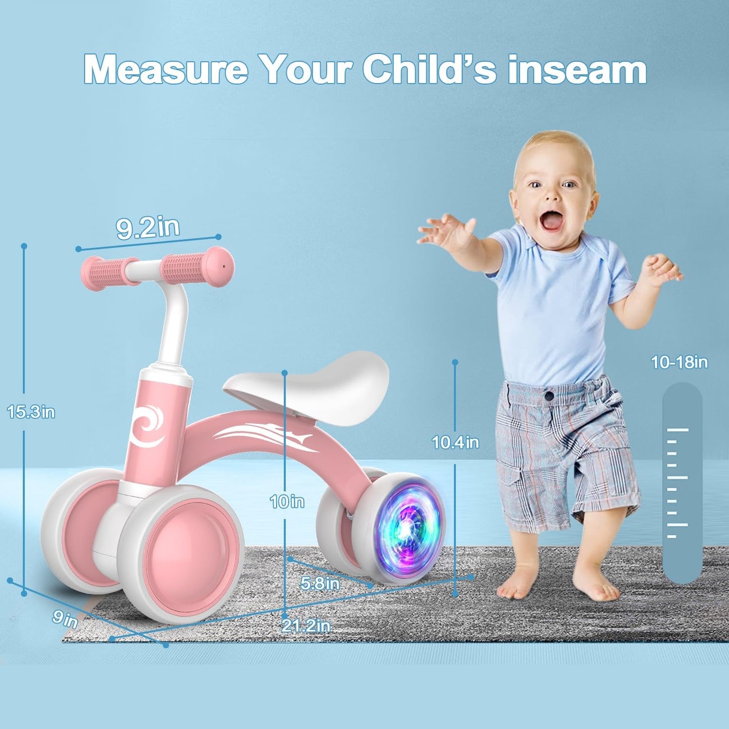 Colorful Lighting Baby Balance Bike Toys for 1 Year Old Girl Gifts, 10-36 Month Toddler Balance Bike, No Pedal 4 Silence Wheels & Soft Seat Pre-School First Riding on Toys, 1st Birthday Gifts.