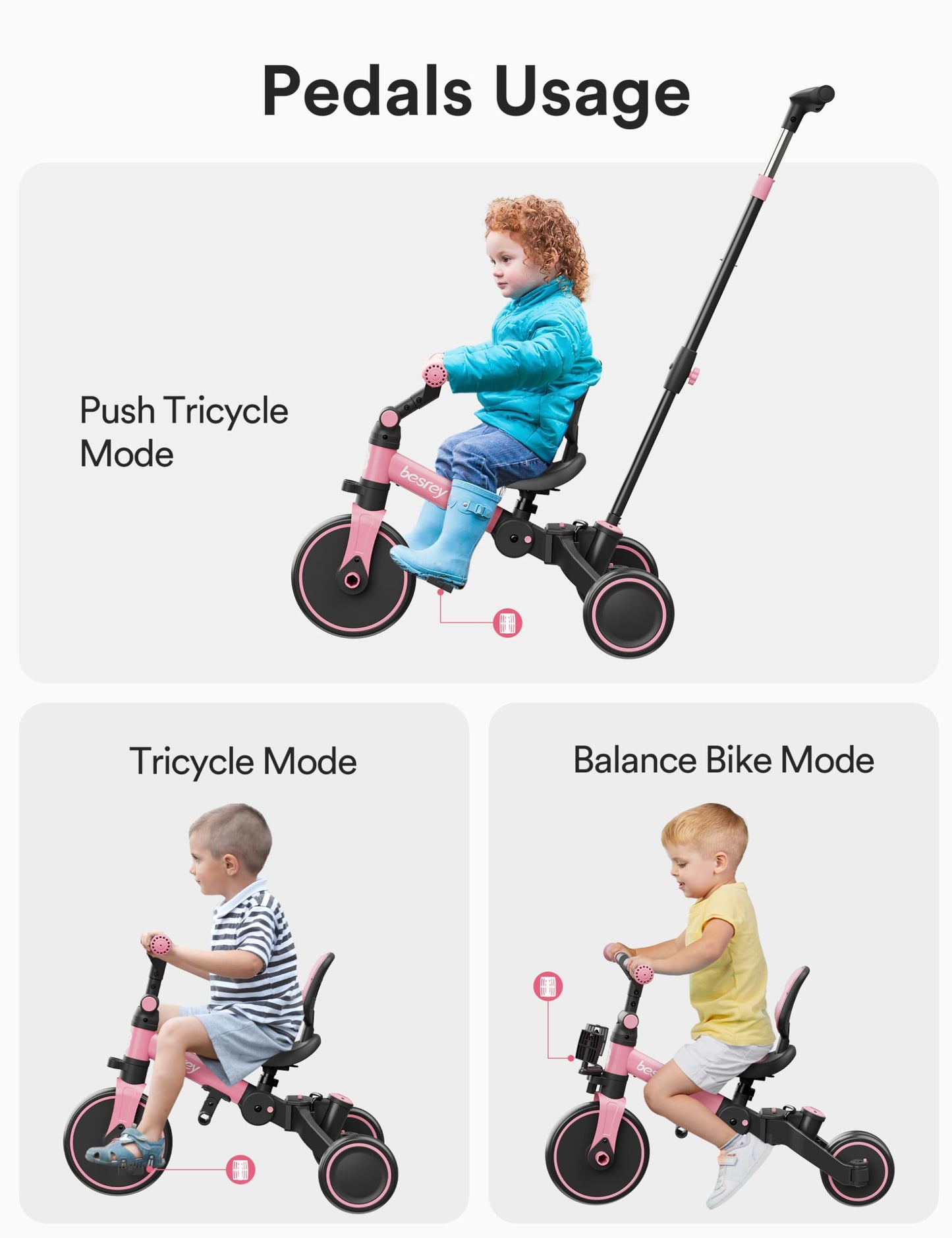 besrey 5 in 1 Toddler Bike with Parent Steering Push Handle, Tricycles for 1-3 Years Old Girls and Boys, Foldable Kids Push Tricycle, Toddler Trike with Removable Pedals, Height Adjustable Seat