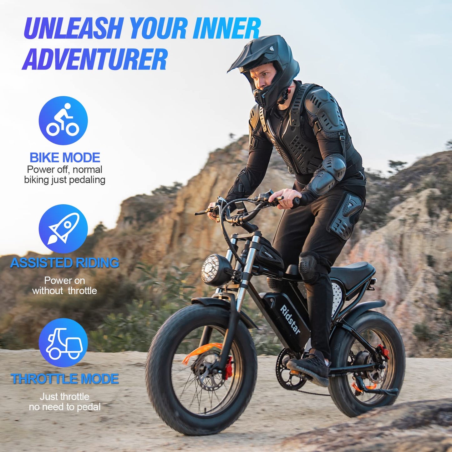 Ridstar 1000W 30MPH Fat Tire Electric Motorcycle with Removable 48V20Ah Battery and Full Suspension