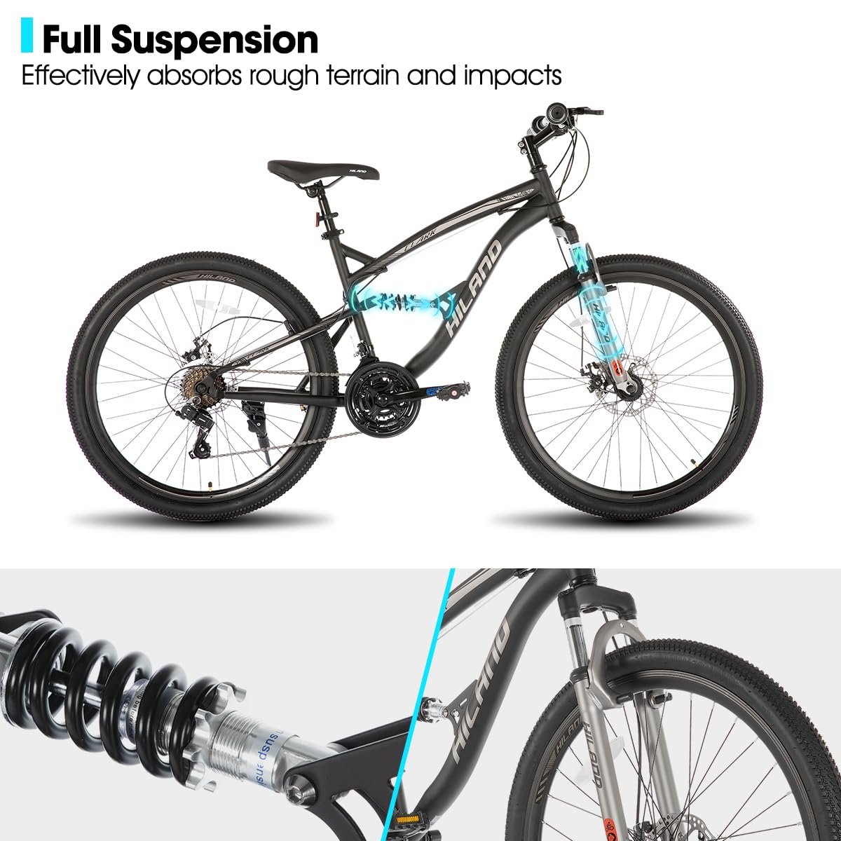 HH HILAND Full Suspension Mens Mountain Bike, 21 Speed, 26 Inch Wheel, Dual Disc Brake Bike for Men Womens Adult Bicycle