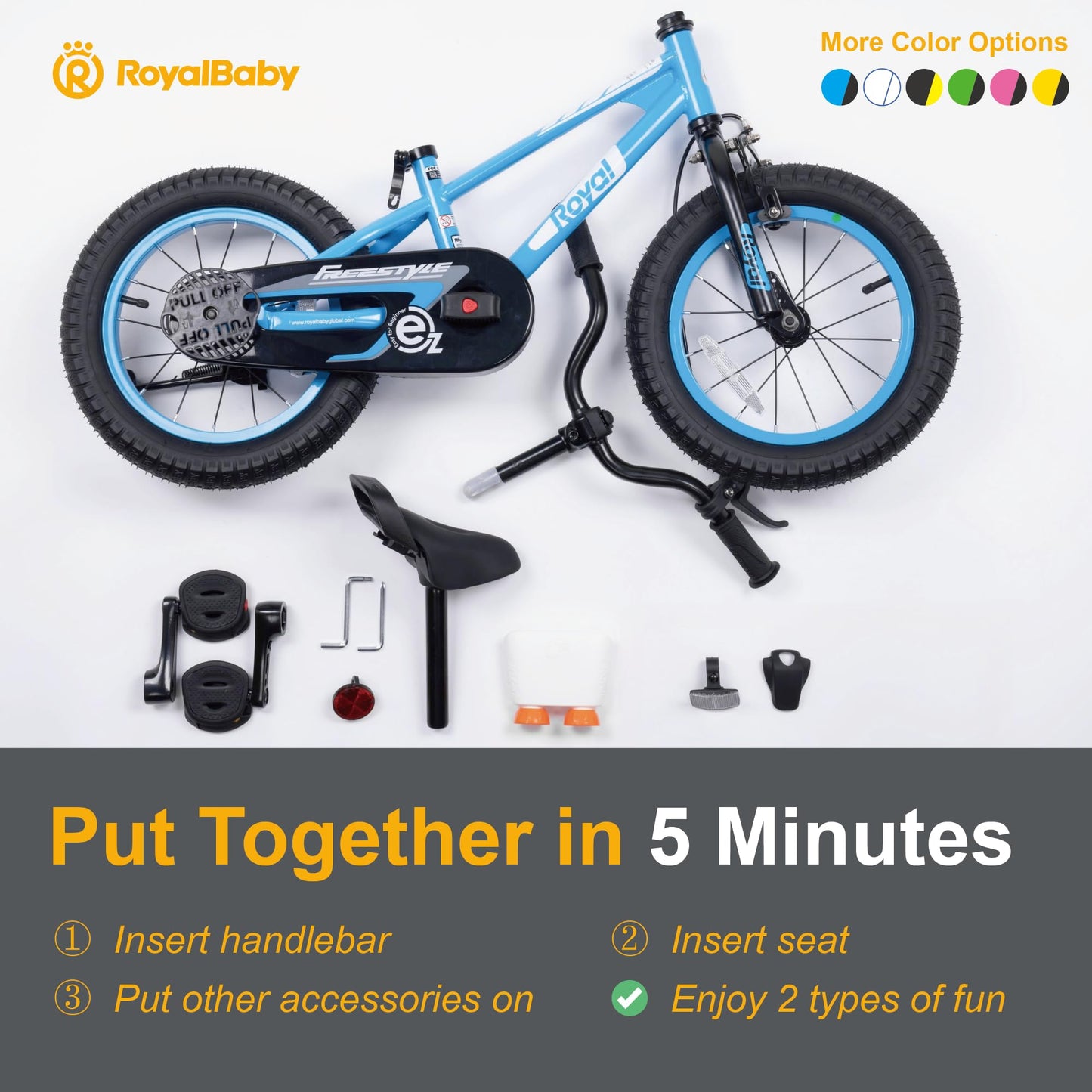 Royalbaby Freestyle EZ Kids Bike, Easy Learn Balancing to Biking, 16 Inch Balance & Pedal Bicycle, Instant Assembly Boys Girls Ages 4-7 Years, 16" Blue