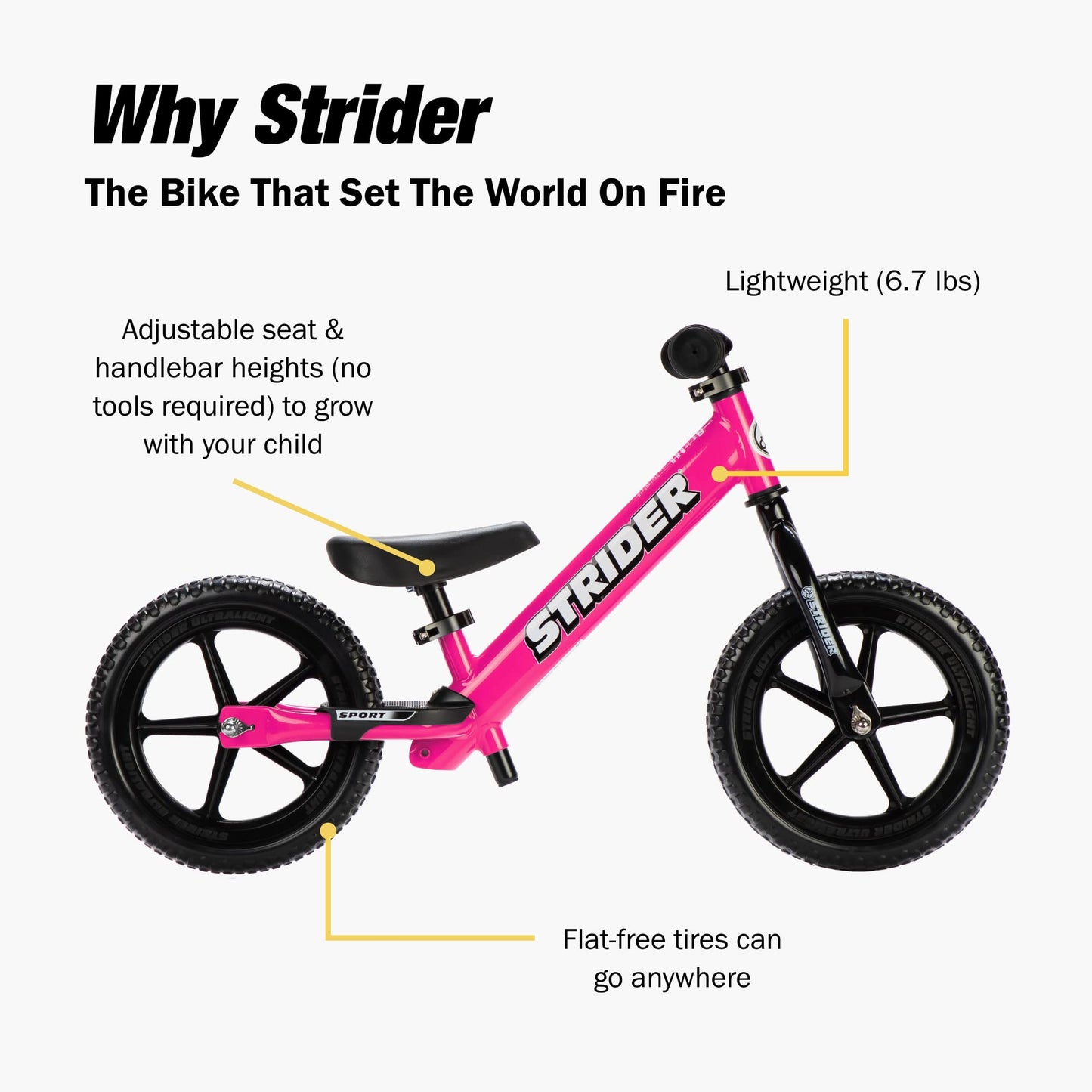 Strider 12” Sport Bike, Pink - No Pedal Balance Bicycle for Kids 1 to 4 Years - Includes Safety Pad, Padded Seat, Mini Grips & Flat-Free Tires - Tool-Free Assembly & Adjustments