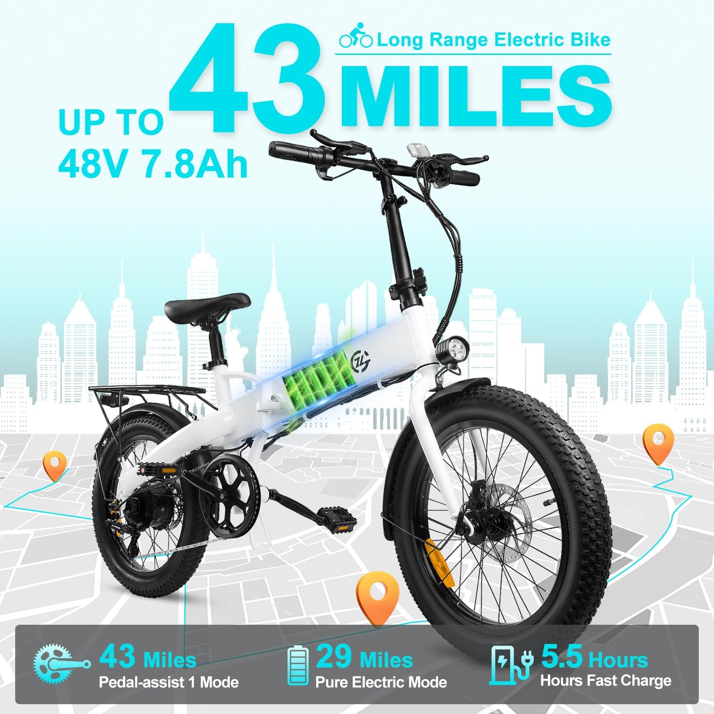 ZOONLAI Electric Bike for Adults 500W Motor Foldable Bikes Up to 24 MPH 43 Miles Long Range Ebike for Adult 48V 7.8Ah Removable Battery 20" Fat Tire 5 Speed Modes EBike ZL2006 UL 2849 (White)