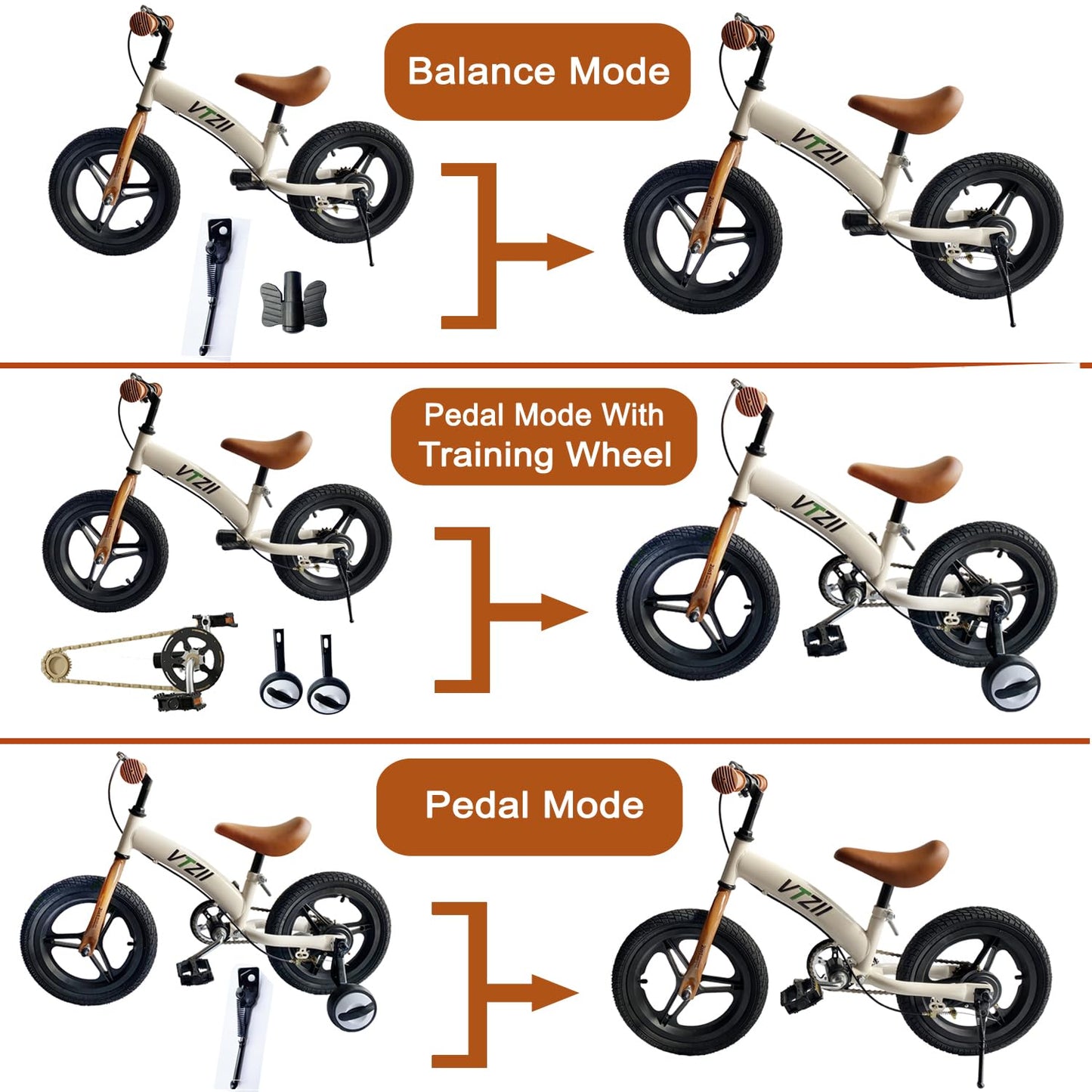 VTZII Balance Bike 2 in 1 with Pedals Brake Training Wheels Kickstand Pneumatic tyre,for Kids 2-7 Years Old,Kids Bike 12 14 16 inch (White, 14 inch)