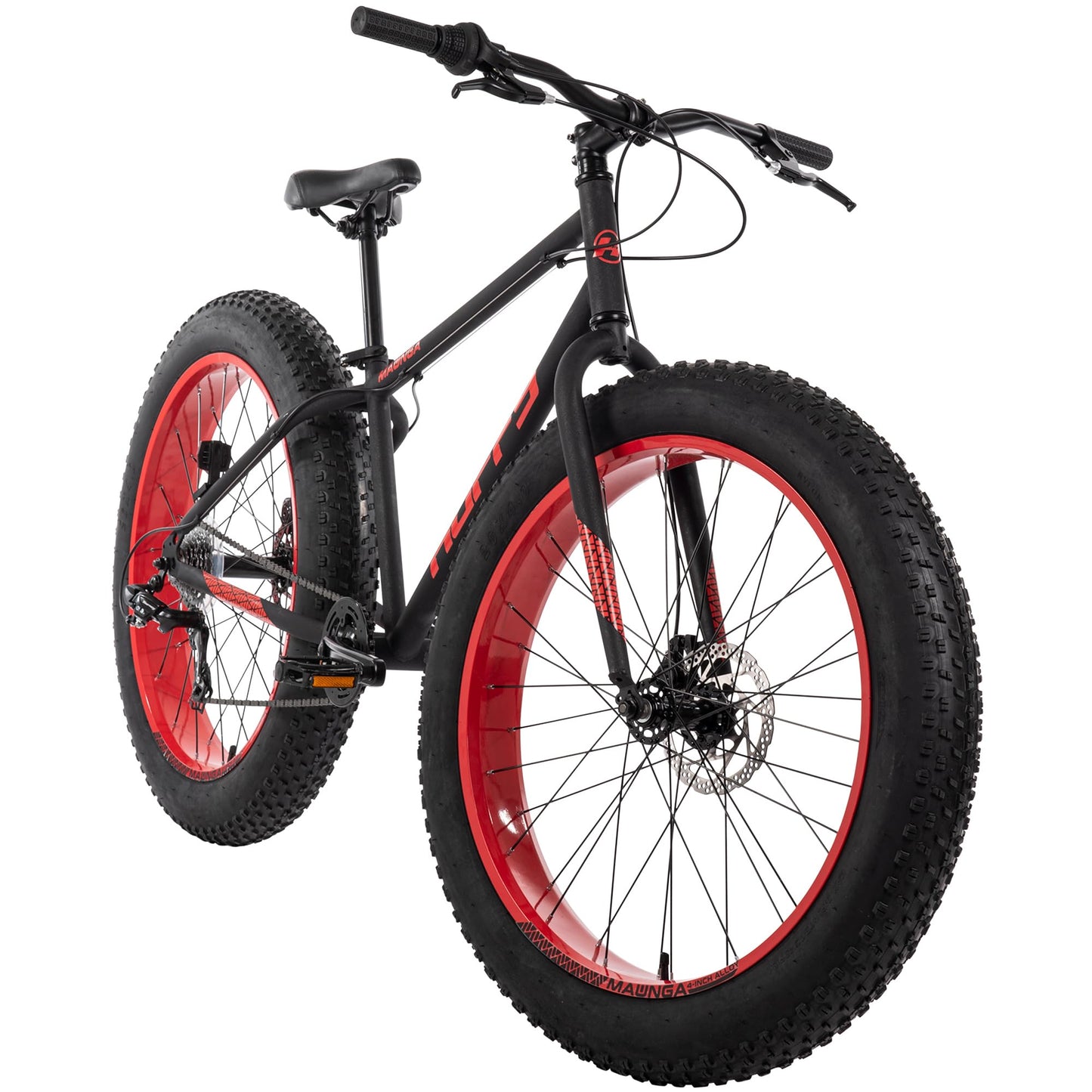 Huffy Maunga Mens Fat Tire Bike, 4-Inch Knobby Tires, Off-Road Mountain Bike, Dual Disc Brakes, Steel Frame, 7-Speed Shimano Twist Shifting