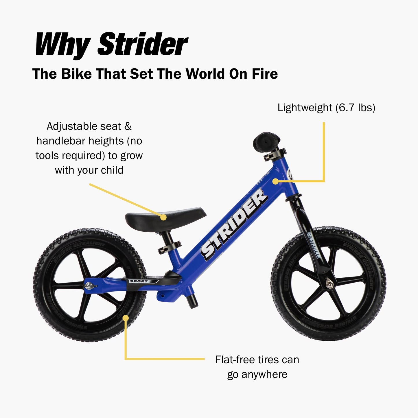 Strider 12” Sport Bike, Blue - No Pedal Balance Bicycle for Kids 1 to 4 Years - Includes Safety Pad, Padded Seat, Mini Grips & Flat-Free Tires - Tool-Free Assembly & Adjustments