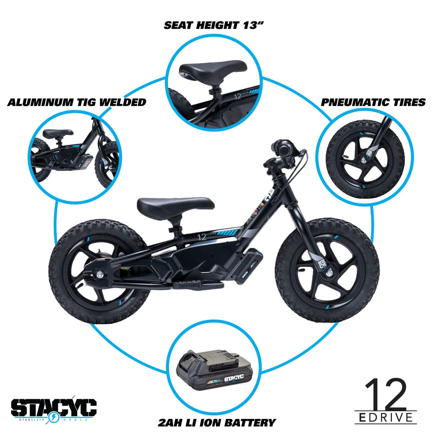 STACYC 12eDRIVE Electric Balance Bike for Kids Ages 3-5 Years Old