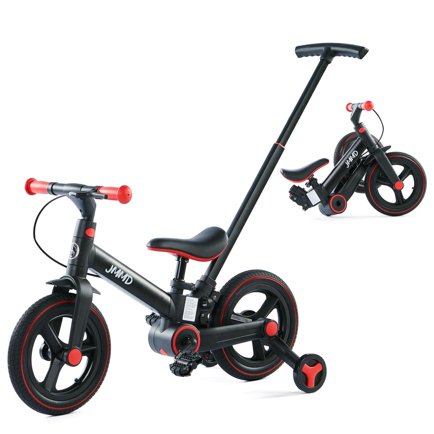 JMMD Toddler Bike with Push Handle for Kids 1-3 Years, 6 in 1 Push Bike with Training Wheels & Pedals, Balance Bike for Boys and Girls with Brakes & Kickstand, Black