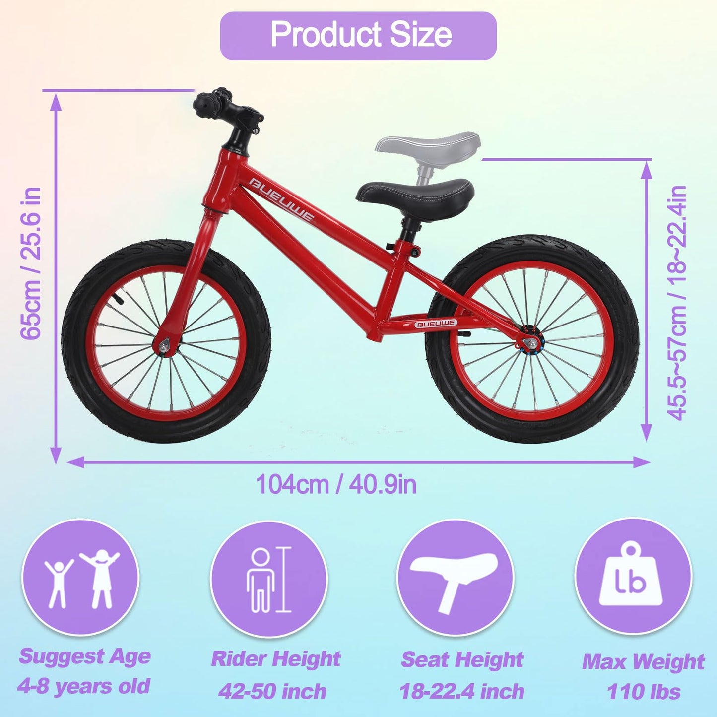 GASLIKE 16 Inch Balance Bike for Big Kids Ages 4-8 Years Old Boys and Girls, No Pedal Sports Training Bicycle, Adjustable Seat Pneumatic Tires Quick Assembly, Red