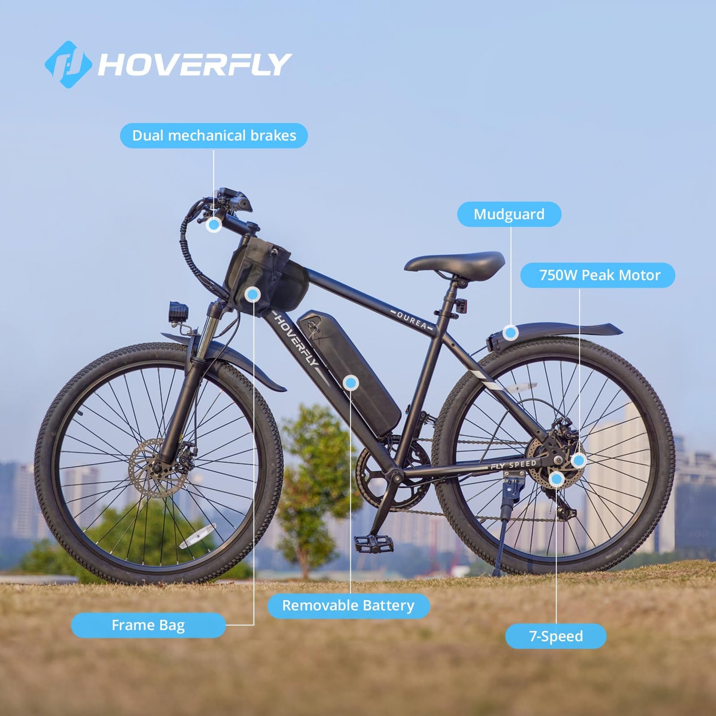 HOVERFLY OUREA Electric Bike 26", 750W Peak Motor Mountain Ebike, Up to 40 Miles 20MPH Removable Battery, 7-Speed and Shock Absorber, Electric Commuter Bike for Adults Black