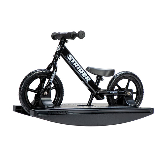 Strider 12” Sport Bike (Black) + Rocking Base - Helps Teach Baby How to Ride a Balance Bicycle - for Kids 6 Months to 4 Years - Easy Assembly & Adjustments