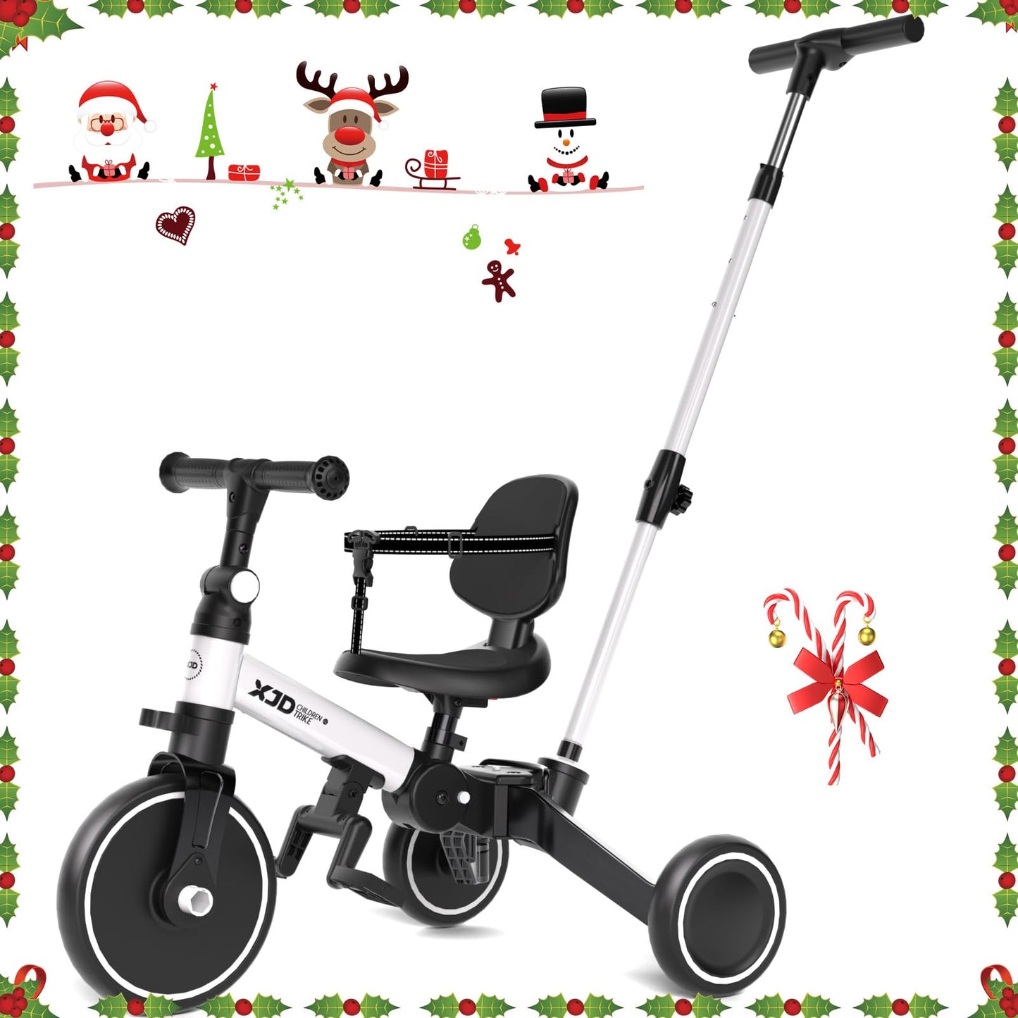 XJD Toddler Bike, 6 in 1 Folding Toddler Tricycle for 1-4 Year Old with Push Handle, Balance Bike with Removable Pedal,Backrest, Adjustable Seat Height and Handle, First Birthday Gifts (White)