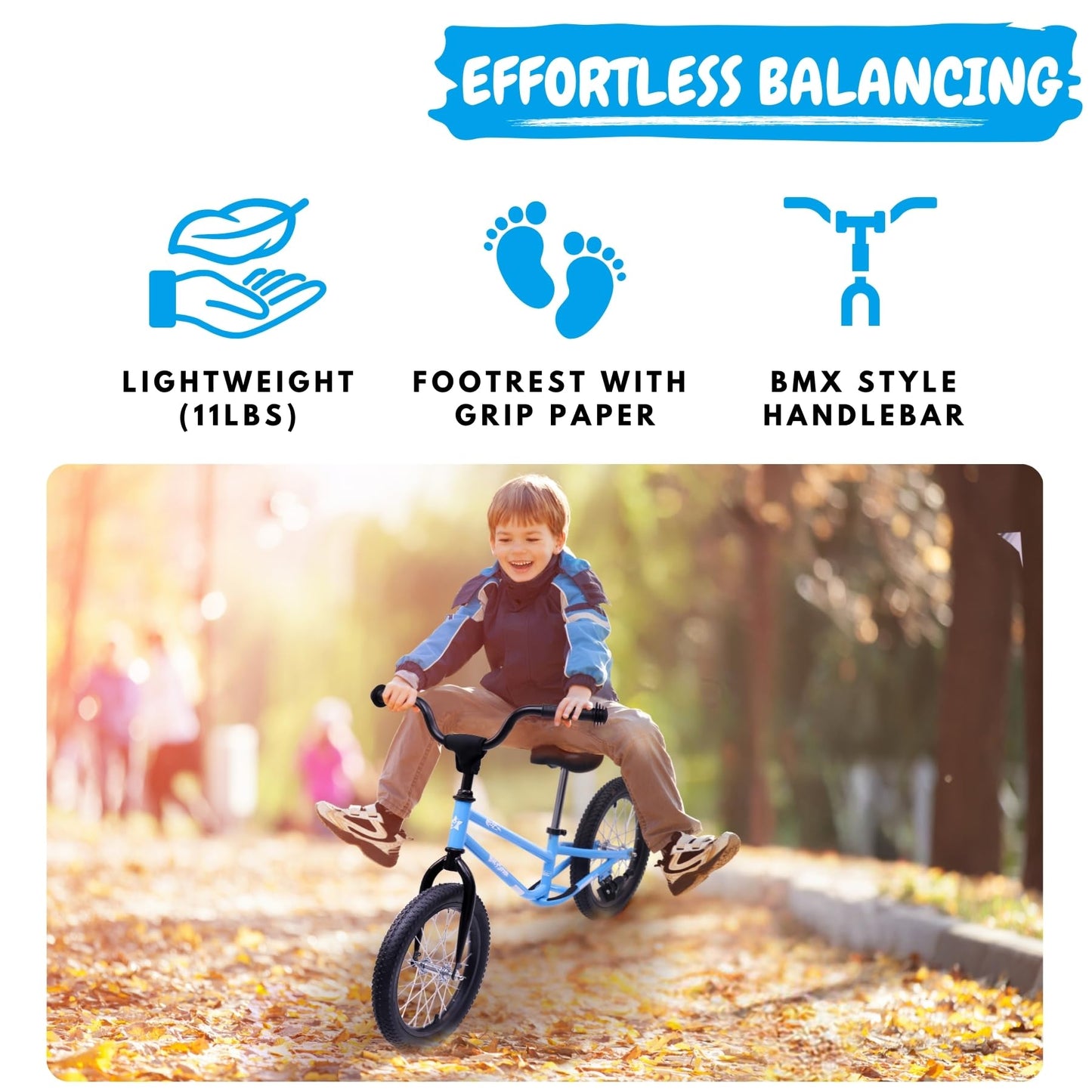 bicystar 16 Inch Kids Balance Bike for 5-8 Year Old, BMX Kids Bike with No Pedals, Air Rubber Tires, Footrests, Adjustable Height for Big Kids, Boys, Girls (Blue)