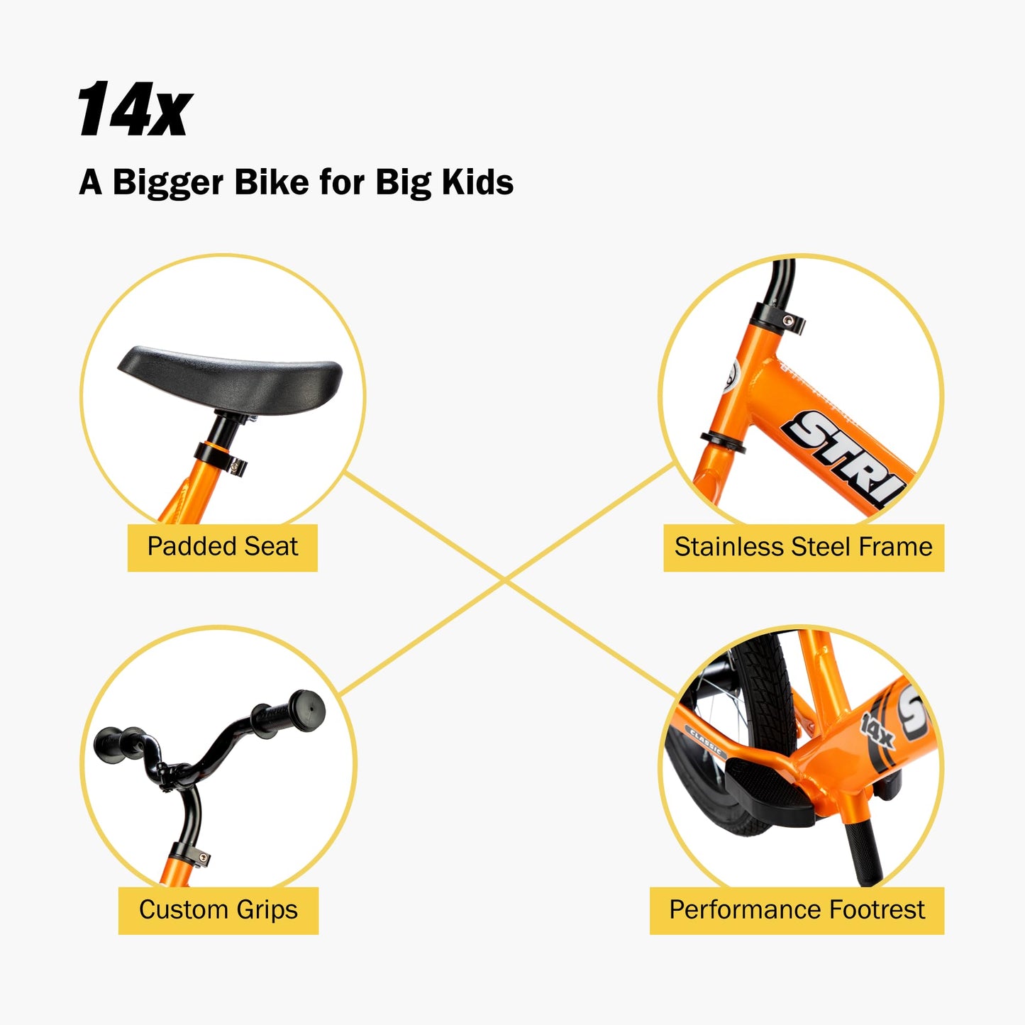 Strider 14x, Totally Tangerine - Balance Bike for Kids 3 to 6 Years - Includes Kid-Size Grips, Padded Seat, Performance Footrest & All-Purpose Tires - Easy Assembly & Adjustments