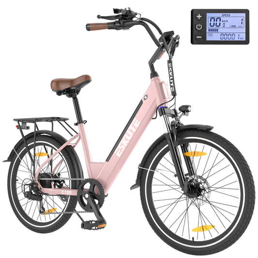 ESKUTE Electric Bike 500W Peak 375WH Removable Battery Commuter Ebike, 26 inch 20MPH 7 Speed Electric Ebikes for Adults