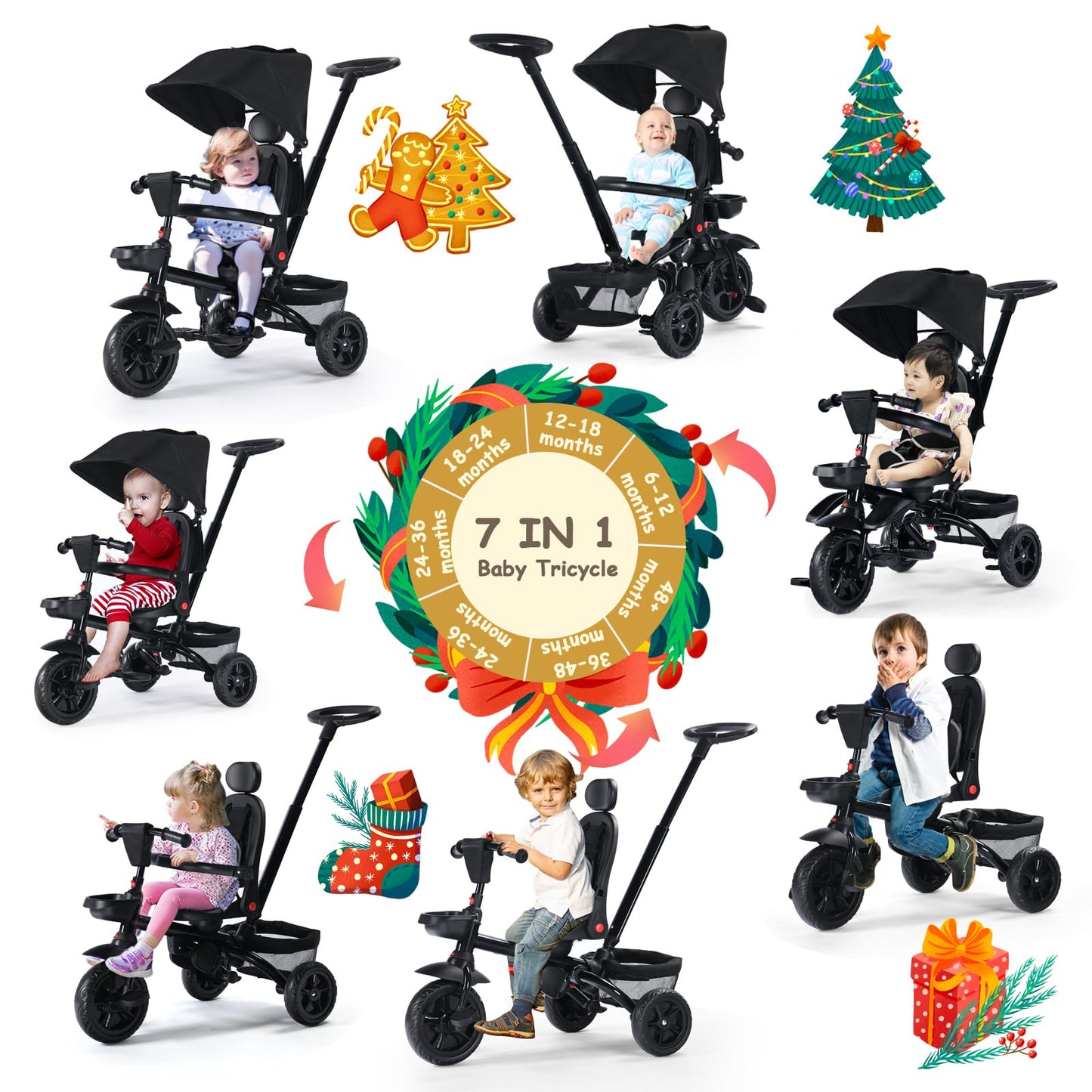 Kinder King Kids Tricycle, 7 in 1 Folding Toddler Trike w/Adjustable Push Handle, Rotatable Seat, Adjustable Canopy, Safety Harness, Storage, Toddler Stroller Bike for Age 6 Months+,Black