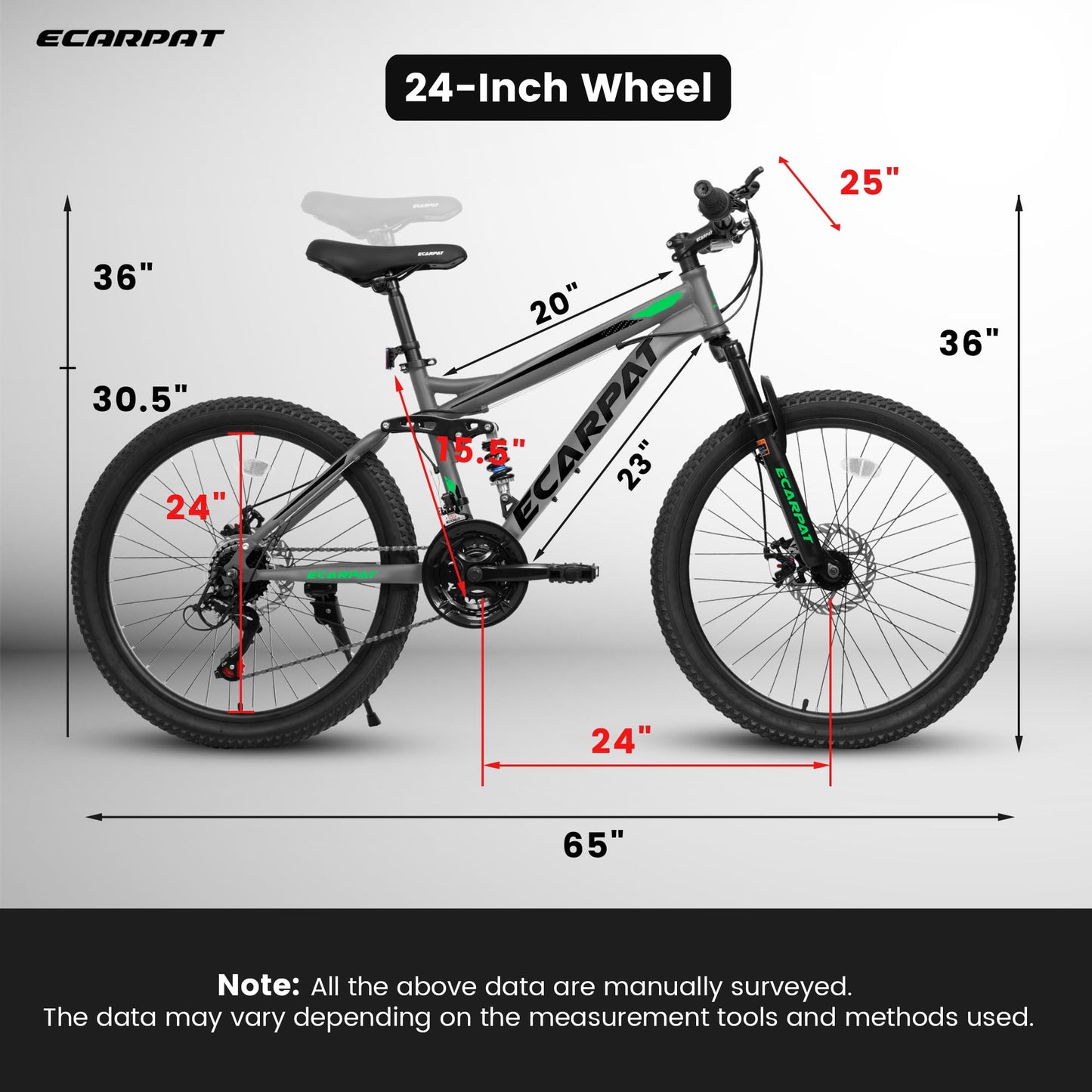 Ecarpat 24 Inch Mountain Bike, Dual Full Suspension Mountain Bike, 21-Speed Disc Brakes Twist Grip Shifter for Small Hands, Carbon Steel Frame Mountain Bike,Trail Commuter City Bicycles