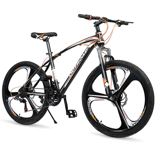 Max4out 26/27.5 inch Mountain Bike, Aluminum/Carbon Steel Frame, 21-Speed Dual Disc Brake Bike with Lock-Out Suspension Fork, Nomal/3 Spokes Wheels Bicycles for Men and Women(Black Orange)