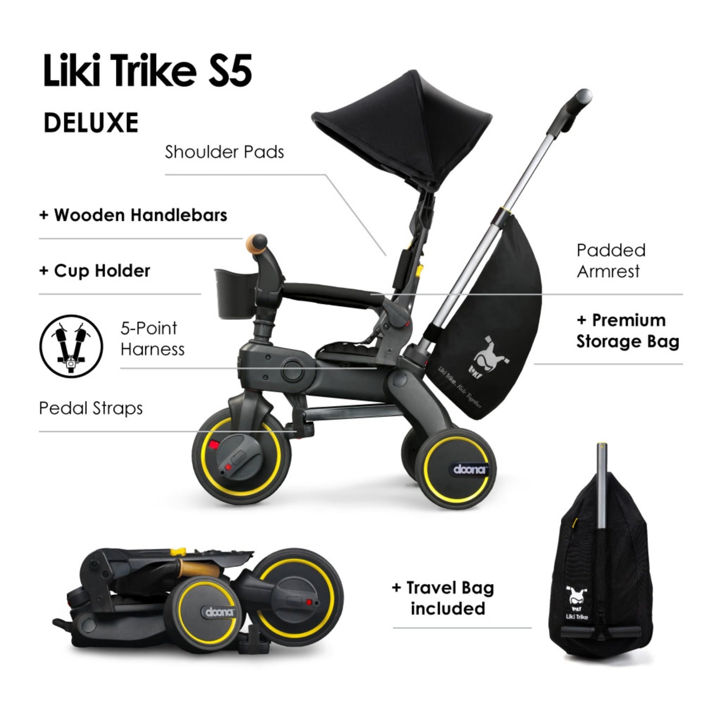 Doona Liki Trike S5, Nitro Black - 5-in-1 Compact, Foldable Tricycle - Suitable for Toddlers 10 to 36 Months