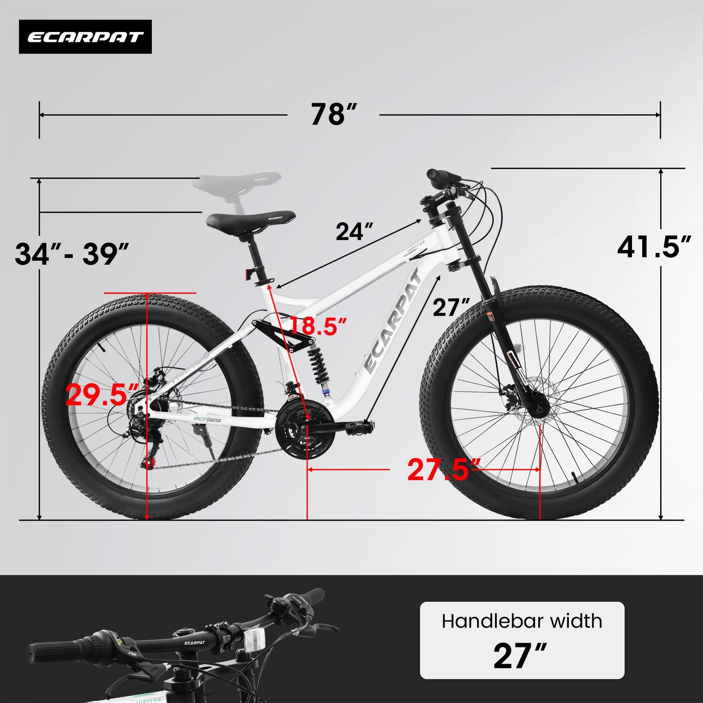 Ecarpat 26x4 Inch Full Suspension Mountain Bike, 21 Speeds Dual Disc Brake, Men Women Steel Mountain Bike, Adult Trail Beach Snow Commuter City Bikes