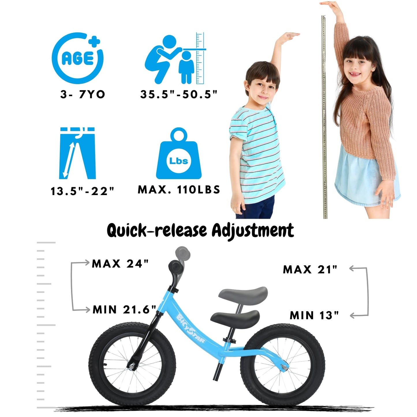 bicystar 14 Inch Balance Bike for Kids 3-7 Year Old, Kids Bike with No Pedals, Air Rubber Tires, Adjustable Height, Foot Rest, Pedalless Kids Bicycle Boys, Girls (Black)