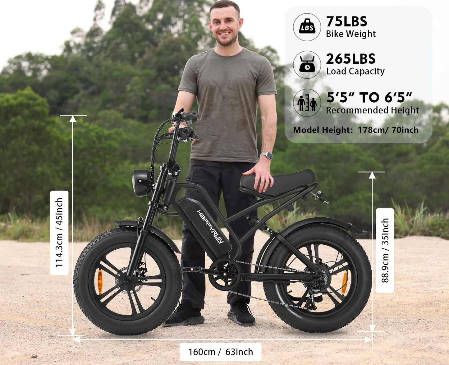 HAPPYRUN 1500W Moped Style Electric Bike | Adult eBikes - 48V 18Ah Removable Battery | 60+ Mile | 32MPH Top Speed - All Terrain Fat Tire Electric Bike for Mountains, Snow, Sand, Road