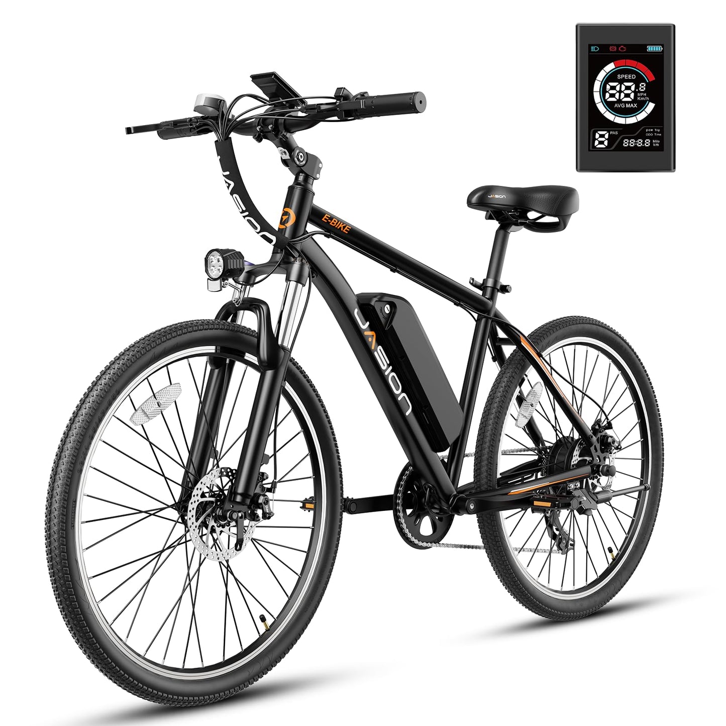 Jasion EB5 Electric Bike for Adults with Peak 500W Brushless Motor, 40Miles 20MPH Commuting Electric Mountain Bike with 360Wh Removable Battery, 7-Speed, 26" Tires and Front Fork Suspension