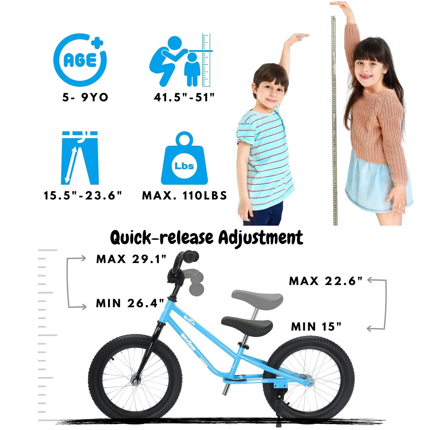 bicystar 16 Inch Kids Balance Bike for 5-8 Year Old, BMX Kids Bike with No Pedals, Air Rubber Tires, Footrests, Adjustable Height for Big Kids, Boys, Girls (Blue)