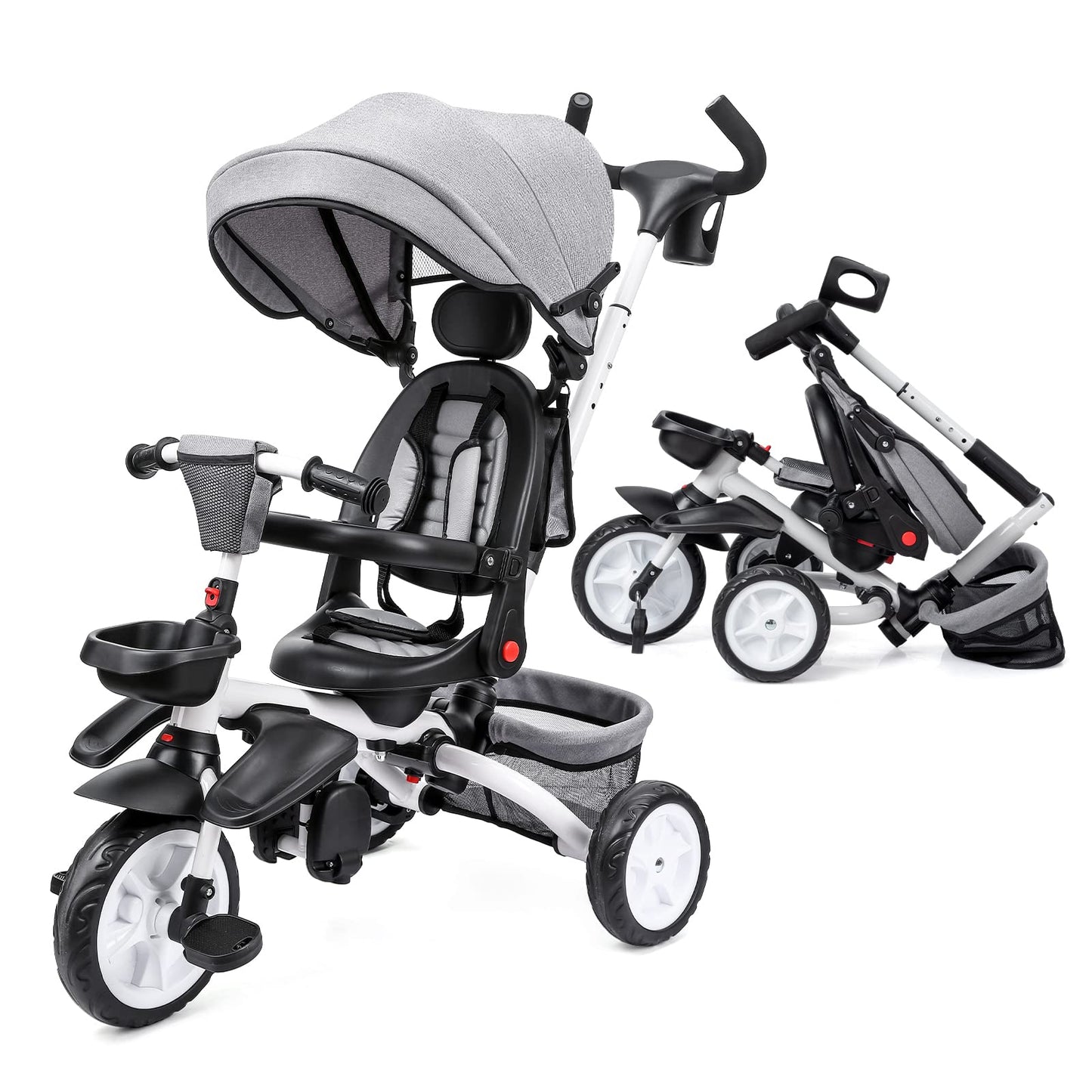 Babevy Baby Tricycle, 7 in 1 Folding Toddler tricycle w/Removable Adjustable Push Handle, Canopy, Rotatable Seat, Safety Harness, Cup Holder & Storage, Trike for 1-5 Year Old (Gray)