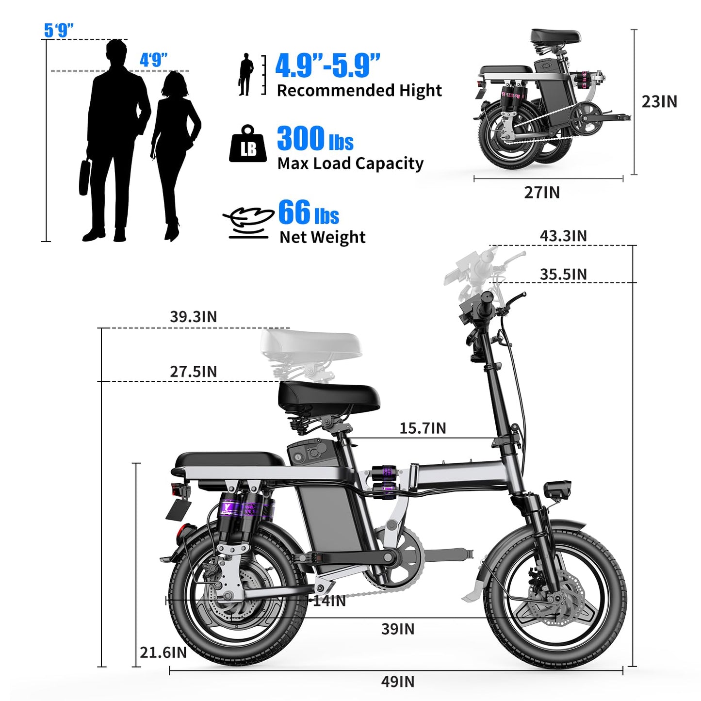 AZHAR Electric Bike for Adults, Foldable Electric Bike, 500W Motor, Up to 25 MPH and 20/30 Miles, 48V 15Ah/13Ah Removable Battery, Ebike with 14" Pneumatic Tire, Electric Mini Bike, UL 2849 Certified