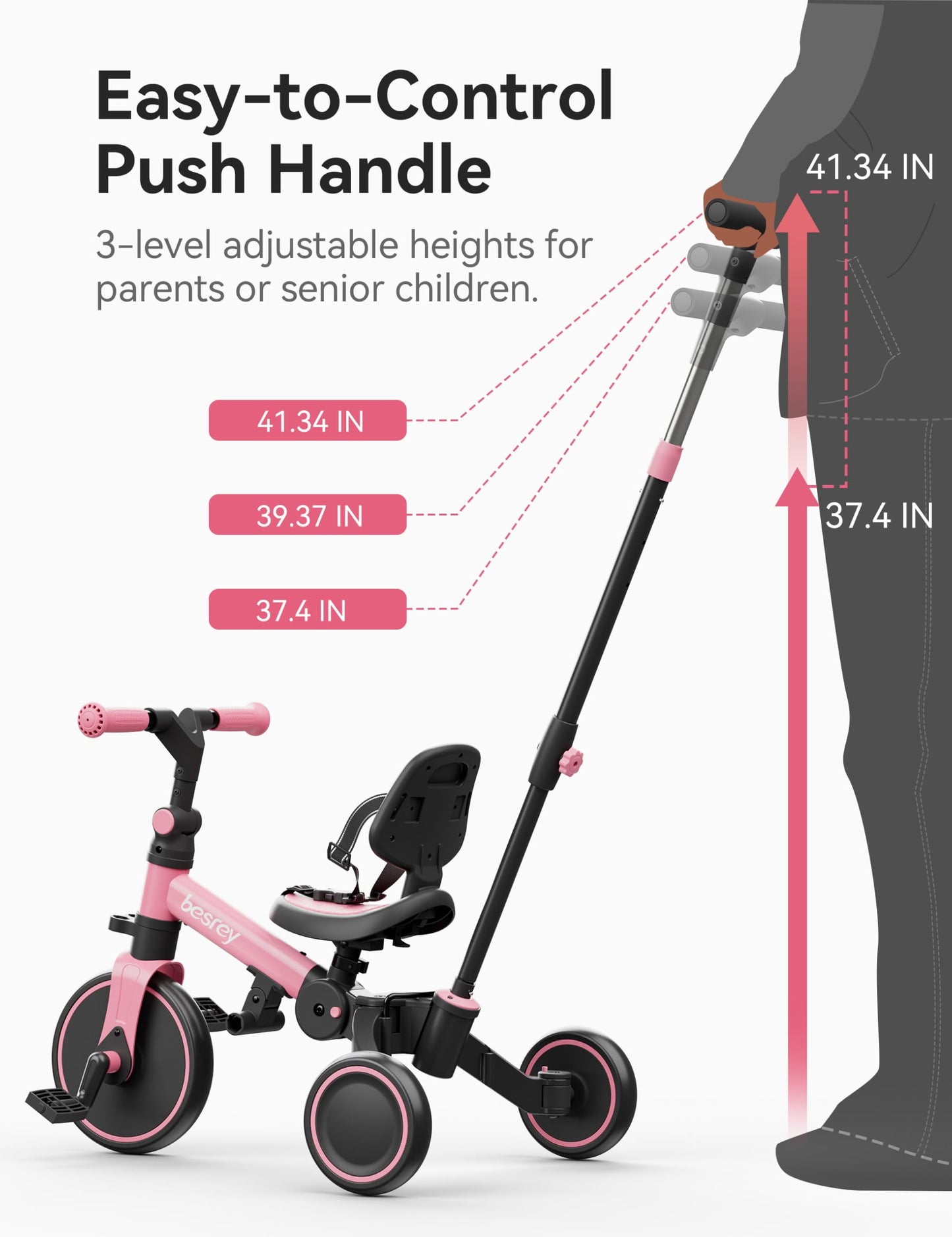 besrey 5 in 1 Toddler Bike with Parent Steering Push Handle, Tricycles for 1-3 Years Old Girls and Boys, Foldable Kids Push Tricycle, Toddler Trike with Removable Pedals, Height Adjustable Seat