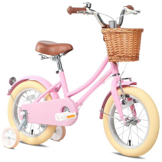 Glerc 12 Inch Kids Girls Bike for 3 4 5 Years Old Little Girls Retro Vintage Style Bicycles with Basket,Stabilisers and Bell,Color Pink