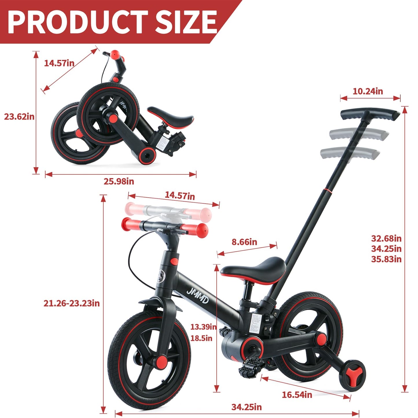 JMMD Toddler Bike with Push Handle for Kids 1-3 Years, 6 in 1 Push Bike with Training Wheels & Pedals, Balance Bike for Boys and Girls with Brakes & Kickstand, Black