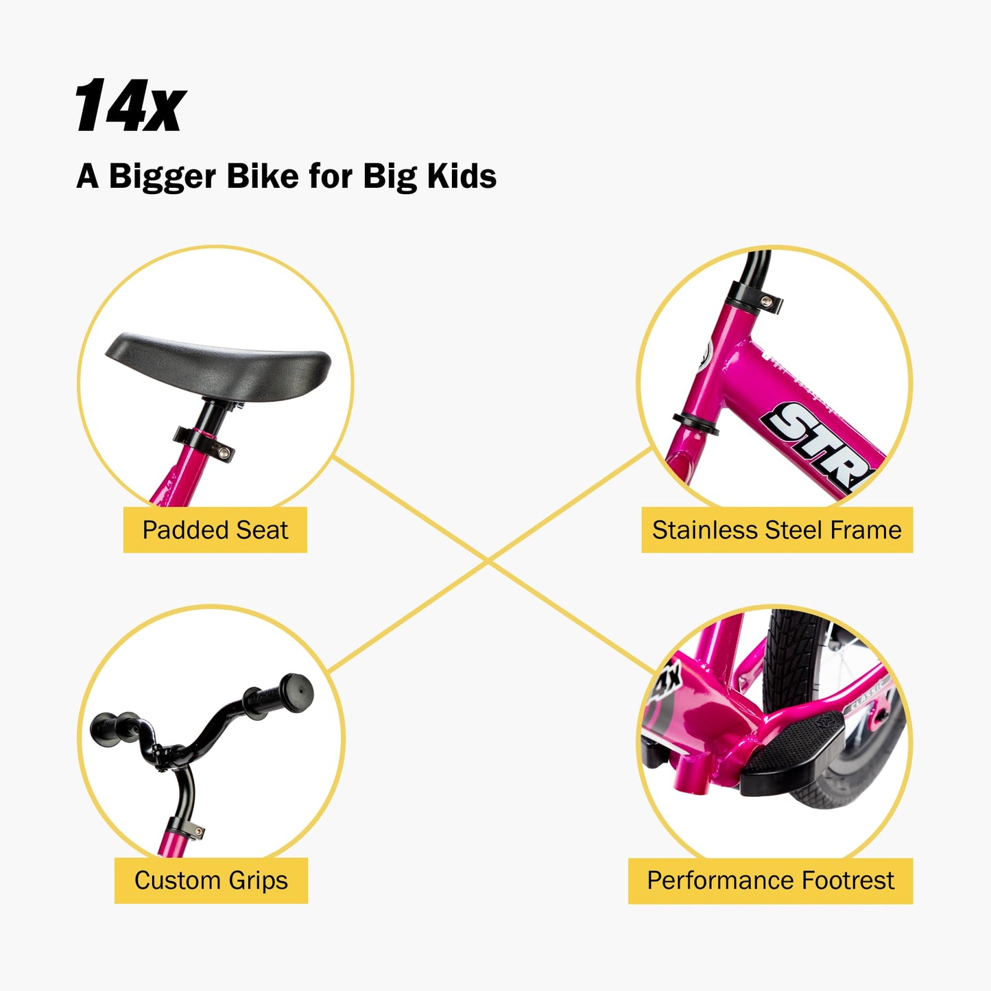 Strider 14x, Pink - Balance Bike for Kids 3 to 6 Years - Includes Custom Grips, Padded Seat, Performance Footrest & All-Purpose Tires