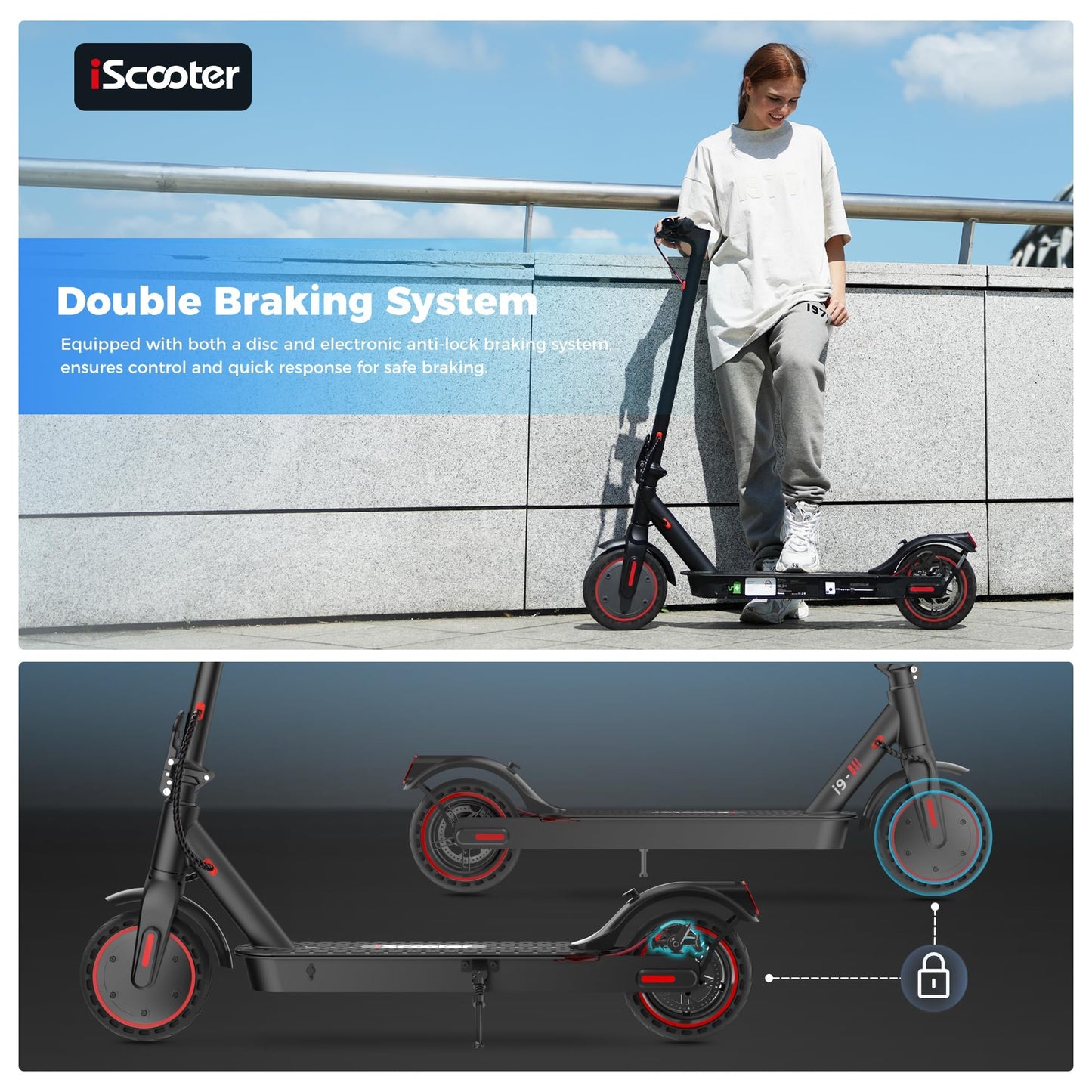 IScooter Electric Scooter, i9 Electric Scooter Adults, 8.5”Solid Tires, 30km Range, 3 Speed Mode, Foldable Electric Scooters with APP, Double Braking System for Adults and Teens